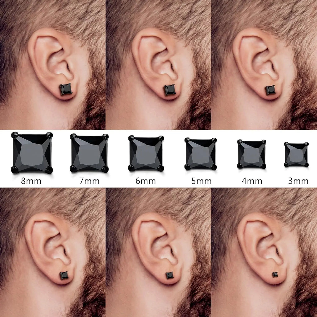 BESTEEL Hypoallergenic CZ Black Stud Earrings for Men & Women - Stainless Steel studearrings, Square Round Shape, Sensitive Ear Jewelry Set, Model 3-8MM accessories men