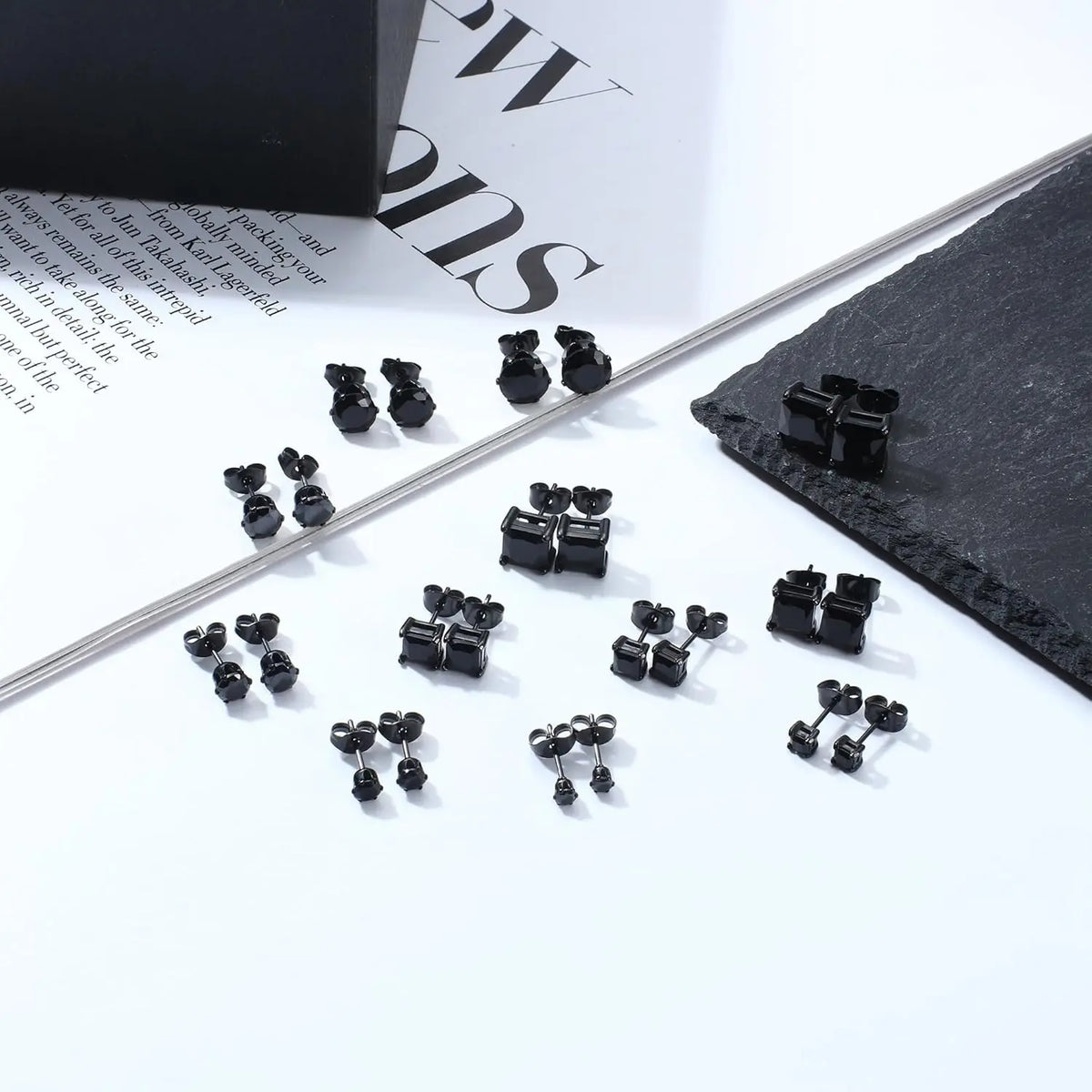 BESTEEL Hypoallergenic CZ Black Stud Earrings for Men & Women - Stainless Steel studearrings, Square Round Shape, Sensitive Ear Jewelry Set, Model 3-8MM accessories men
