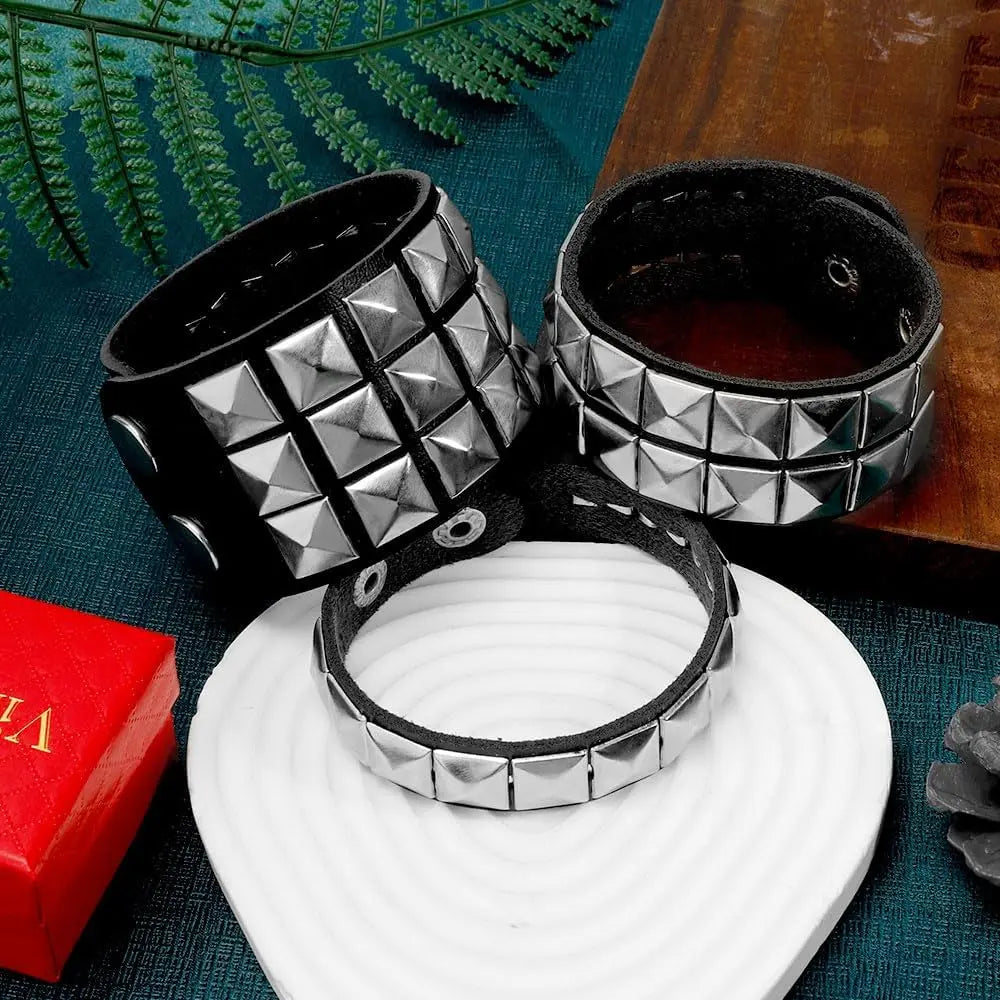 3-Pack Adjustable Studded Leather Stack Bracelets with Slider, Punk Style Jewelry for Men, Alternative Men's Accessories for Parties (Festive & Party Supplies)