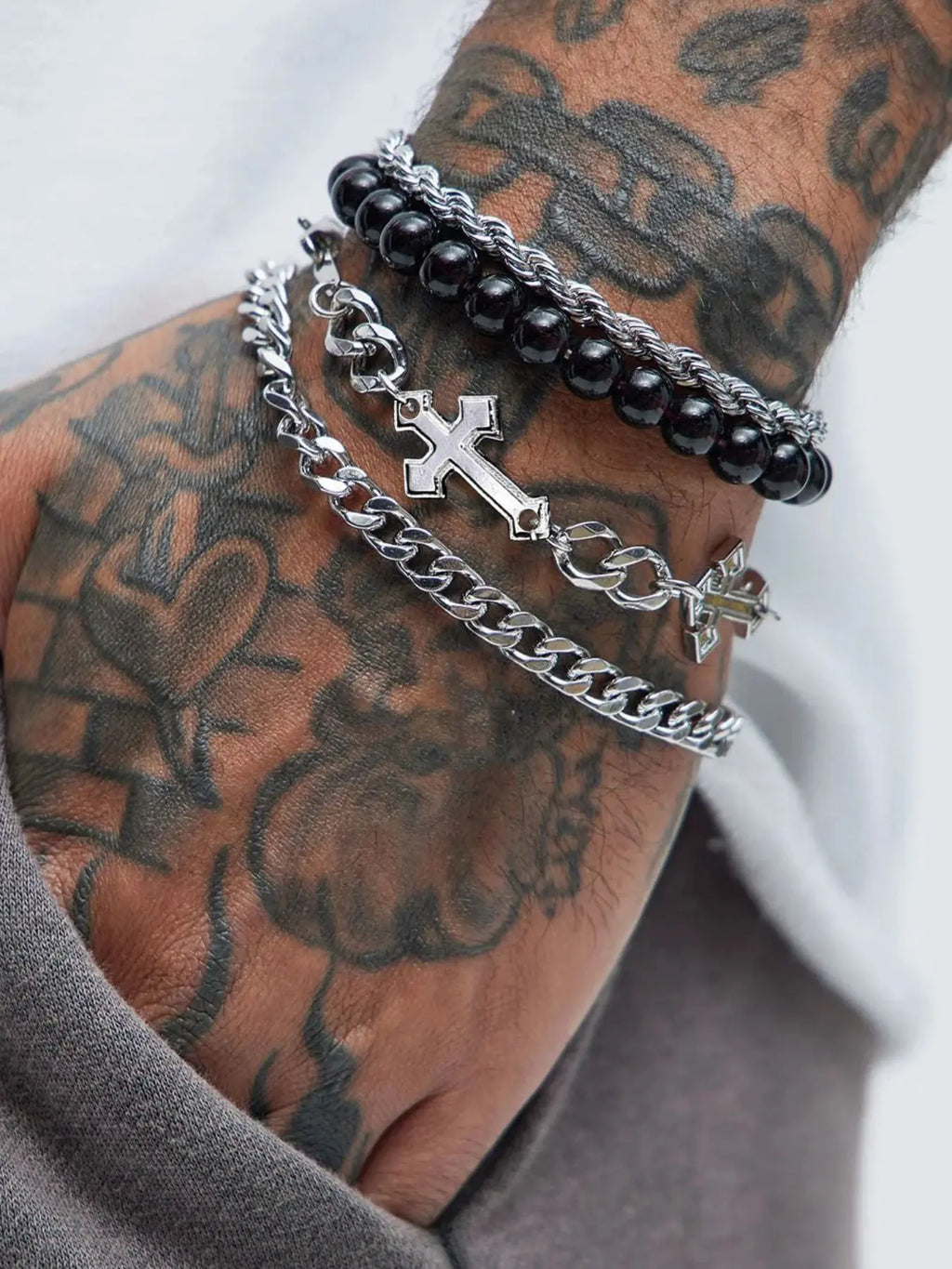 4 Piece Cross Bracelet Set, Punk Style, Silver Color Cuban Chain & Bead Chain, Unique Design, All Seasons Fashion Accessory, Chunky Link Bracelet, Bracelet Jewelry, Cuban Chain Bracelets, Bracelets Stack, Fashion Cool Accessories