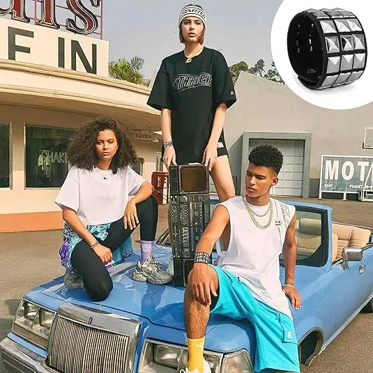 3-Pack Rivet Leather Studded Cuff Bracelets - 80s Punk Vibe Double Layered Adjustable Slider Jewelry, Bracelet Stack, Bangles, Easy Party Gift Choice for Men, Festive & Party Supplies Accessories