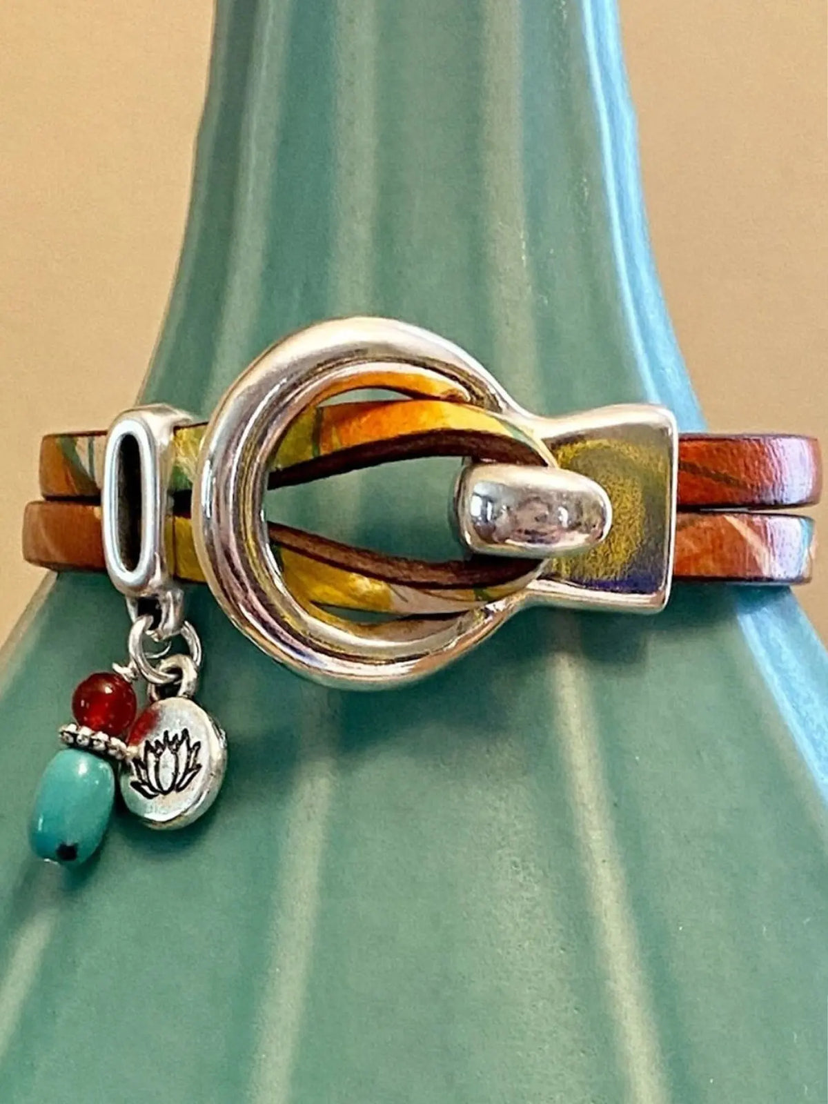 Vintage Boho Style PU Leather Bangle Bracelet, Dual Layer Metal Design, Unisex Party Vacation Accessory, All Seasons Wear, Floral Accents, Bohemian Bracelets