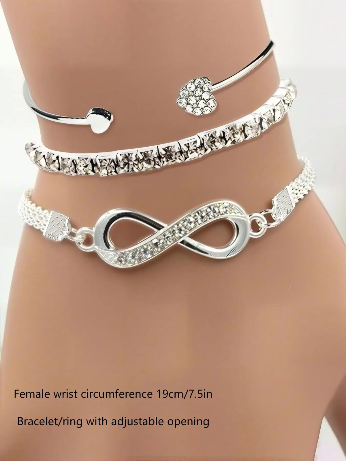 3pcs Women's Minimalist Elegant Heart Rhinestone Bangles Set, Pretty Bracelet, Bracelet Bundle, Fashion Accessories for Parties and Daily Wear, Versatile Elegant Jewelry Bracelet Set