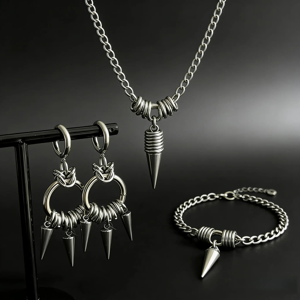 Oufer 2Pcs Linked Chain Grunge Punk Spike Dangle Hoop Earrings - Stainless Steel Chunky Jewelry, Whimsical Accessories, Classic Versatile Casual Wear Pieces, Grunge Punk Edge for Bold Outfits