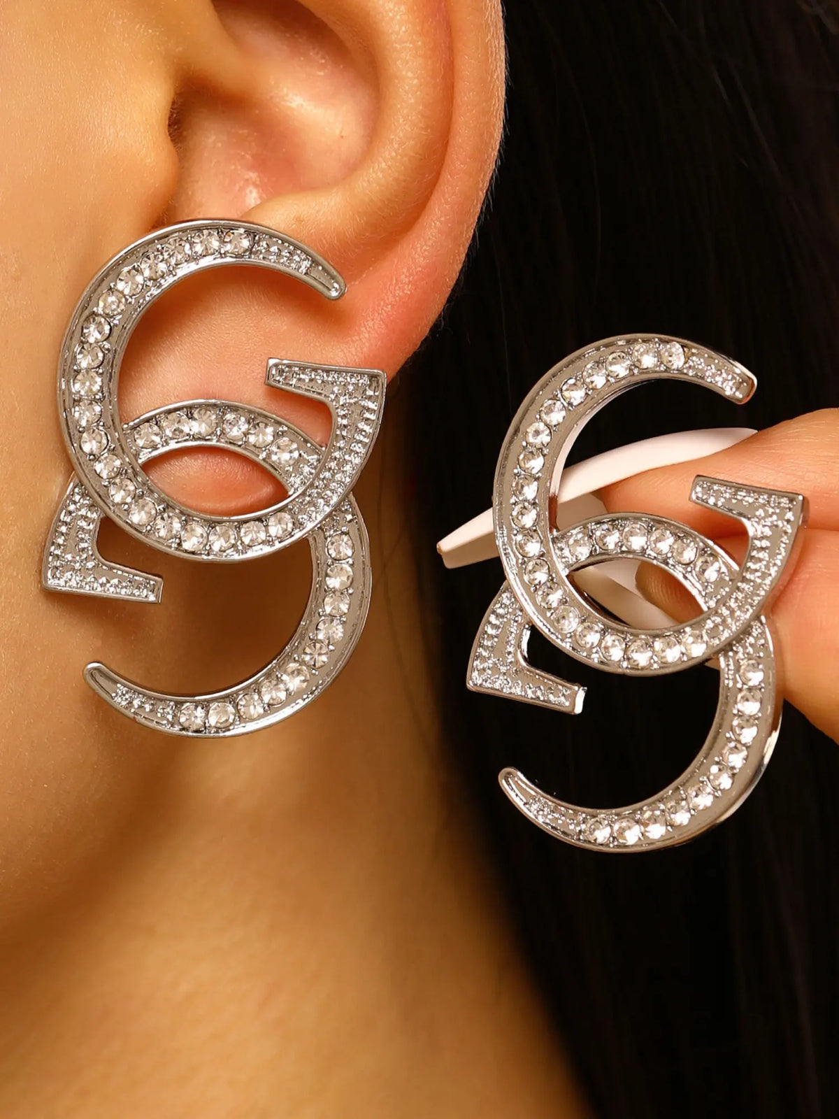 Luxurious Heavy Rhinestone Double G Letter Earrings Studs, Fashionable Earrings, Fashion Jewelry, Bold Large Size, Silver Color &, Vintage Style, Perfect for Parties