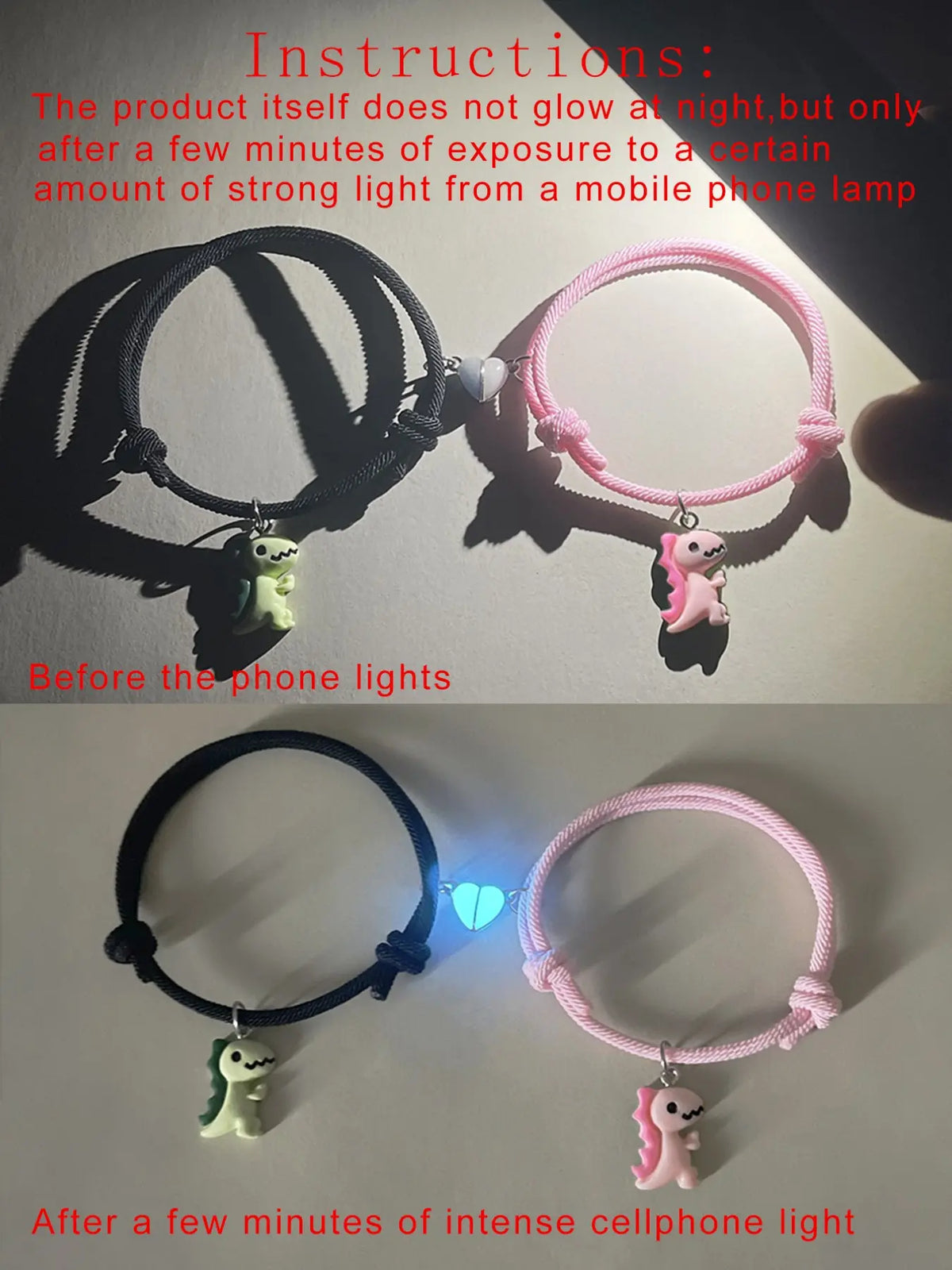 2 Pcs Glow-In-Dark Heart Dinosaur Pendant Couple Matching Bracelet, Cute Handmade Braided Wristband, Valentine's Day Gift, Anniversary Present, Jewelry, Bracelet for Couples