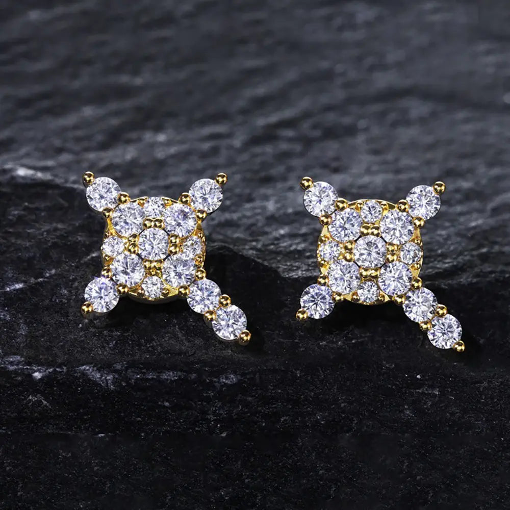 Unisex 14K Plated Snowflake & Cross Motif Magnet Earrings with Gold Zirconia - Fake Piercing Style, No Ear Piercing Required, Fashion Chic Accessories for Women, Men's Costume Jewelry Gift