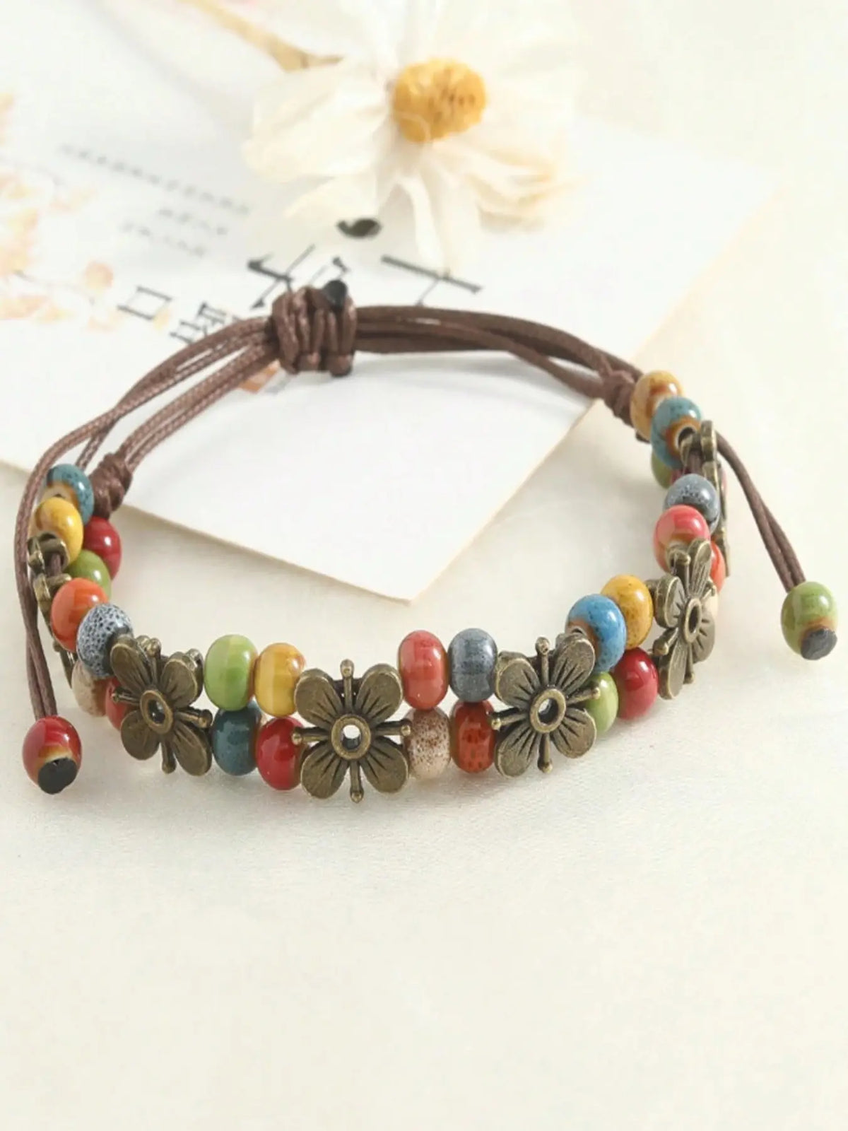 1Pc Boho Vintage Adjustable Wax Rope Bracelet, Colorful Ceramic Beads Antique Metal Flower Charms Handmade Wrist Jewelry Gift For Women Daily Matching Fashion Creative Jewelry
