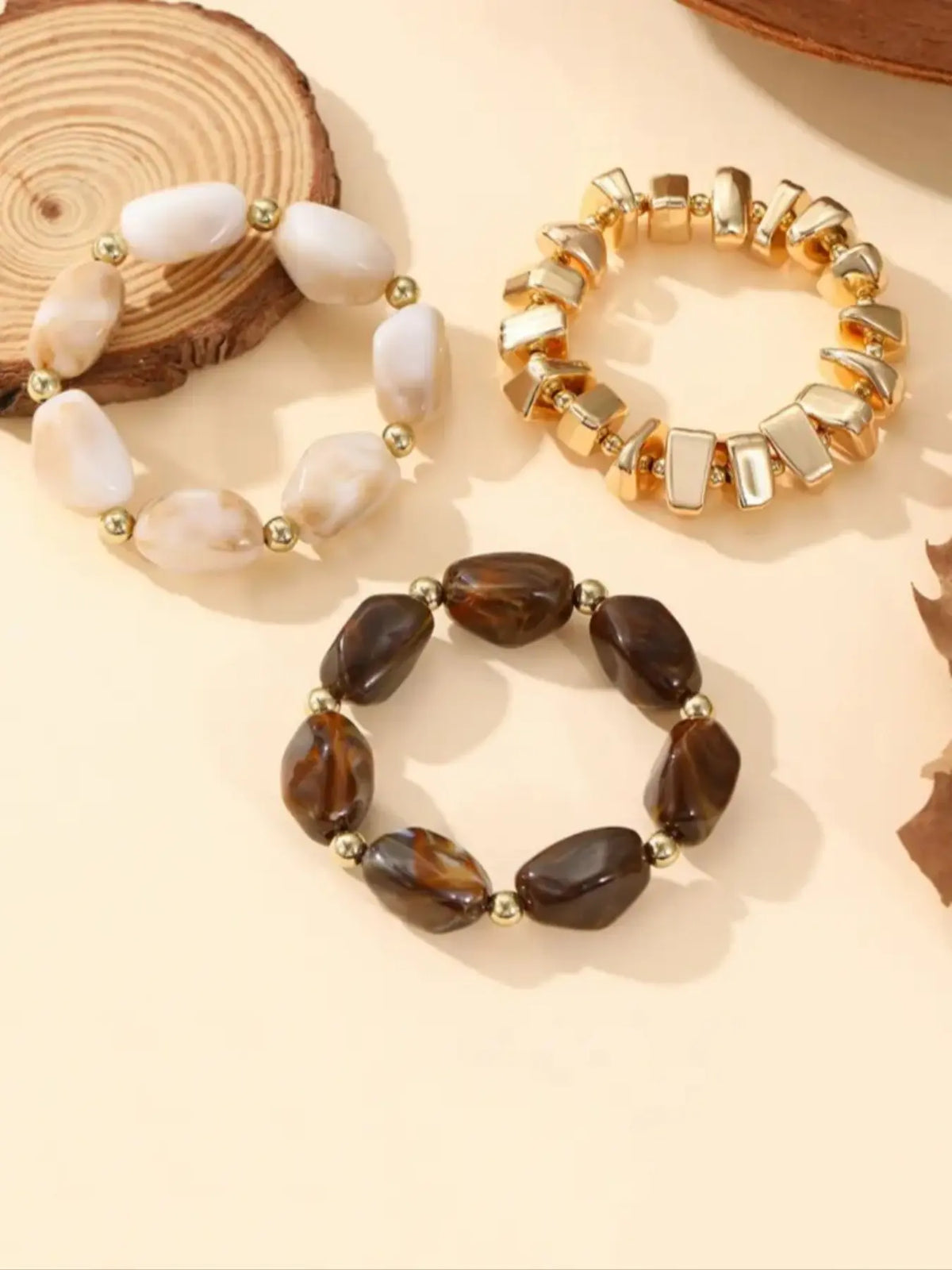 3-Piece Vintage Resin Beaded Bracelet Set, Handmade Color Block Design, Stackable Jewelry for Women, Casual Fashion Accessories, Resin Bangle Bracelet, Colorblock Bracelet, Bracelets Bangles, Beaded Bracelet Pack, Stacked Bracelets