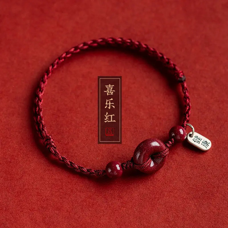 Unisex Cinnabar Hand-Woven Rope Bracelet with Peace-Health Buckle - One Size Fits, Men's Accessories, Ethnic Costume Jewelry, Birth Year Accessory, Stackable Piece, Daily Wear, Symbolizes Peace and Health, Meaningful Gift