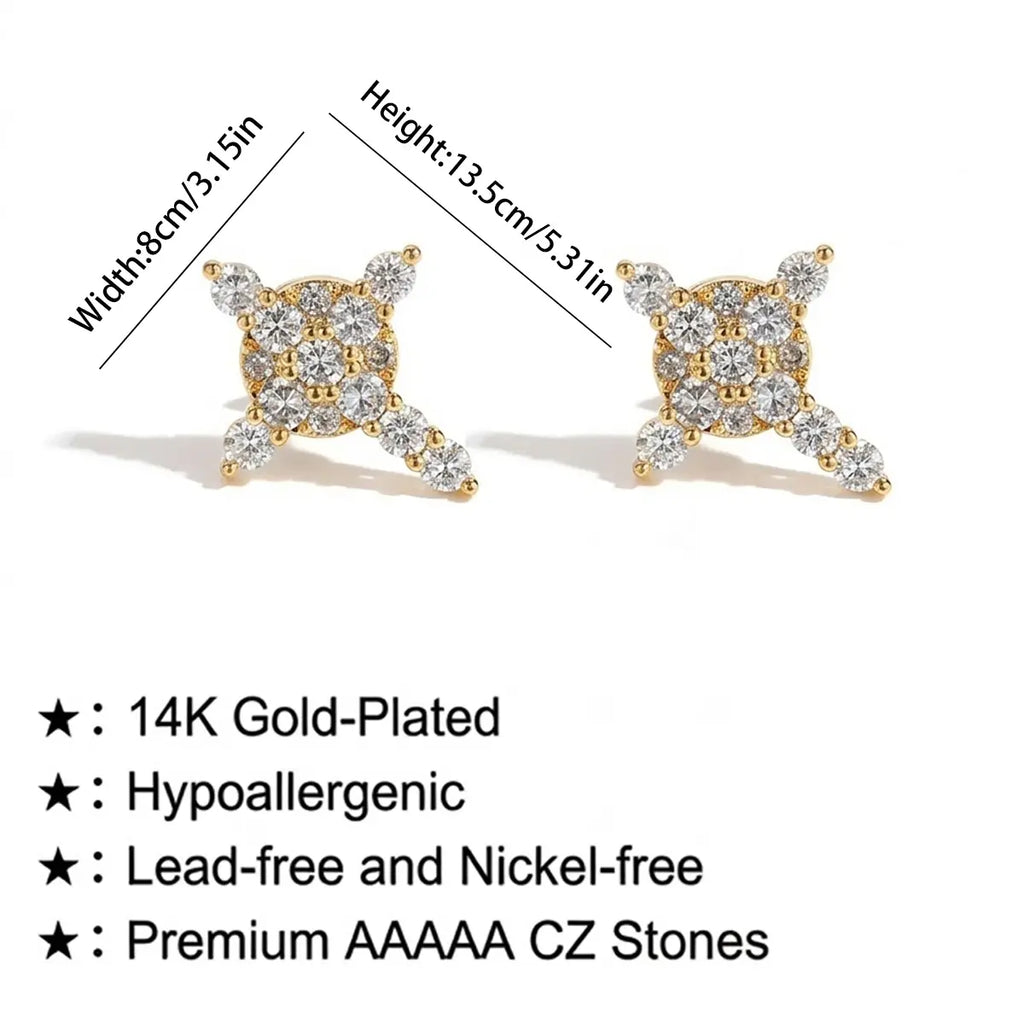 Unisex 14K Plated Snowflake & Cross Motif Magnet Earrings with Gold Zirconia - Fake Piercing Style, No Ear Piercing Required, Fashion Chic Accessories for Women, Men's Costume Jewelry Gift
