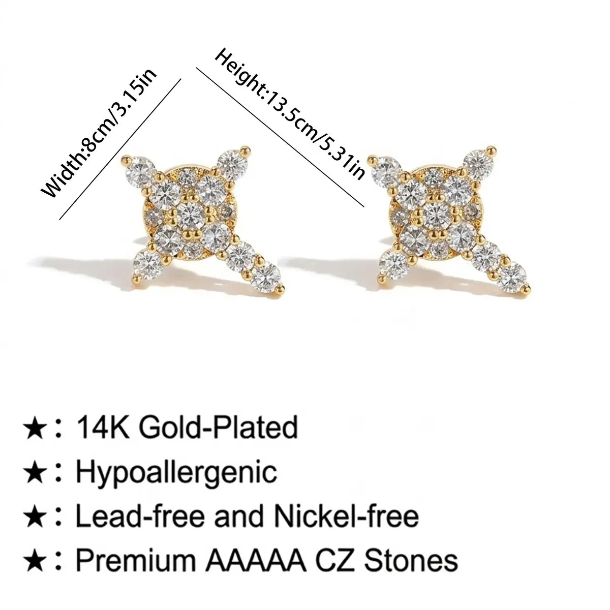 Unisex 14K Plated Snowflake & Cross Motif Magnet Earrings with Gold Zirconia - Fake Piercing Style, No Ear Piercing Required, Fashion Chic Accessories for Women, Men's Costume Jewelry Gift