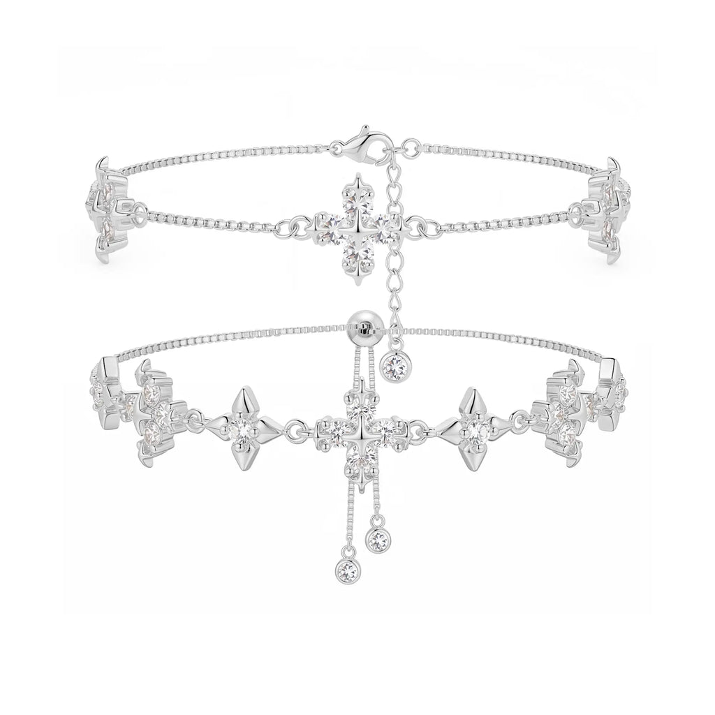 GANIA Double Layered Snowflake Cross Bracelet – Adjustable Layered Design for Women, Christian Symbol Jewelry, Gift for Valentine's Day, Wedding, Birthday, Anniversary, Daily Wear, Gift for Girlfriend, Wife, Mom