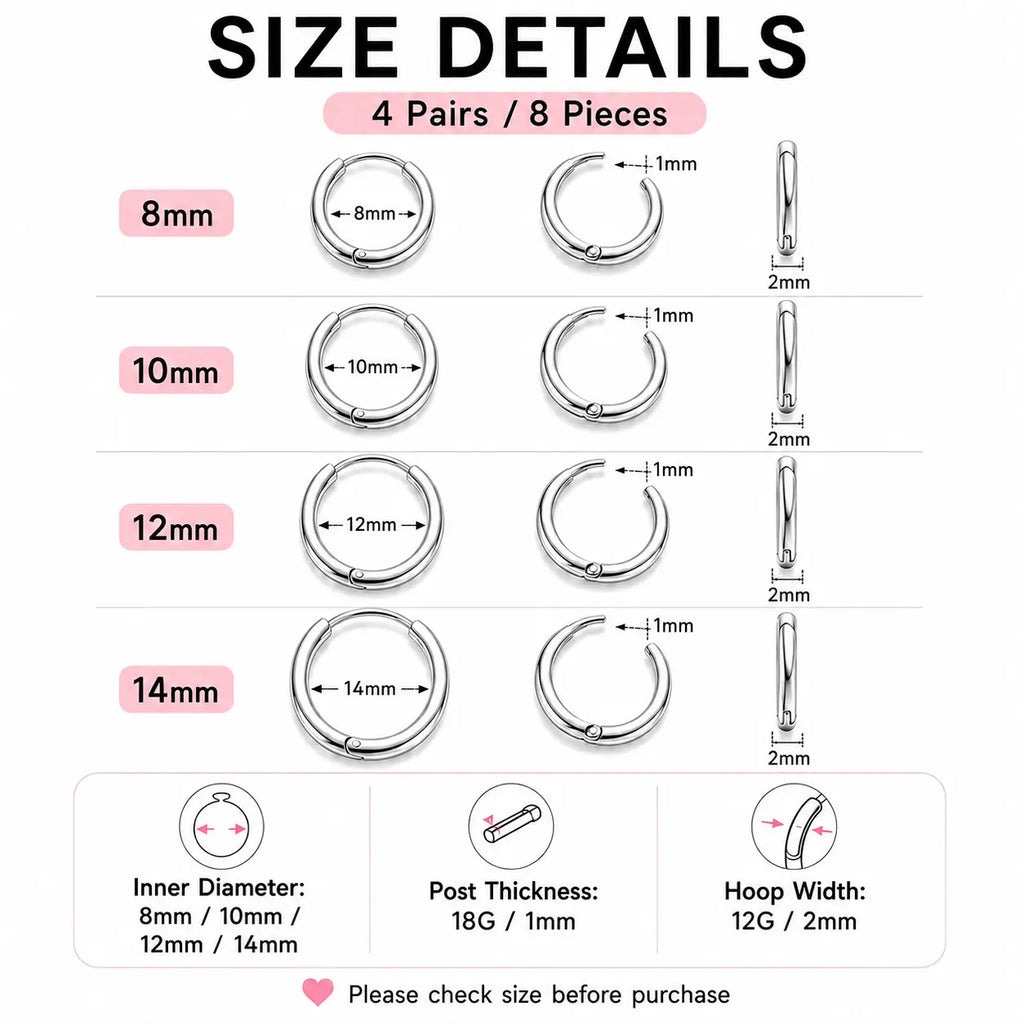 Women's & Men's Accessories 4-Pair Classic 316L Surgical Steel Silver Hypoallergenic Huggie Hoop Earrings, Ideal for Cartilage Piercings & Layering (8mm,10mm,12mm,14mm)