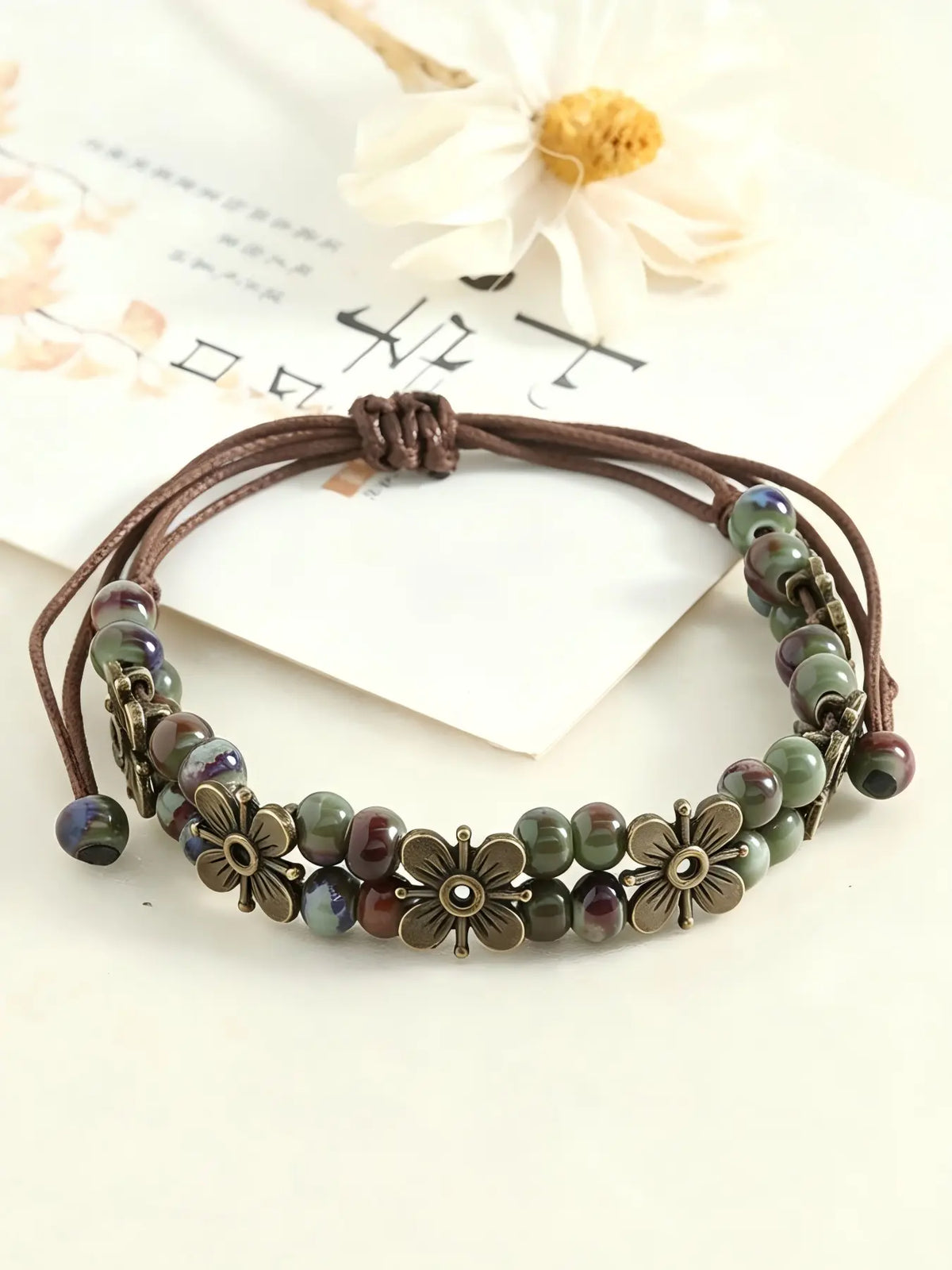 1Pc Boho Vintage Adjustable Wax Rope Bracelet, Colorful Ceramic Beads Antique Metal Flower Charms Handmade Wrist Jewelry Gift For Women Daily Matching Fashion Creative Jewelry