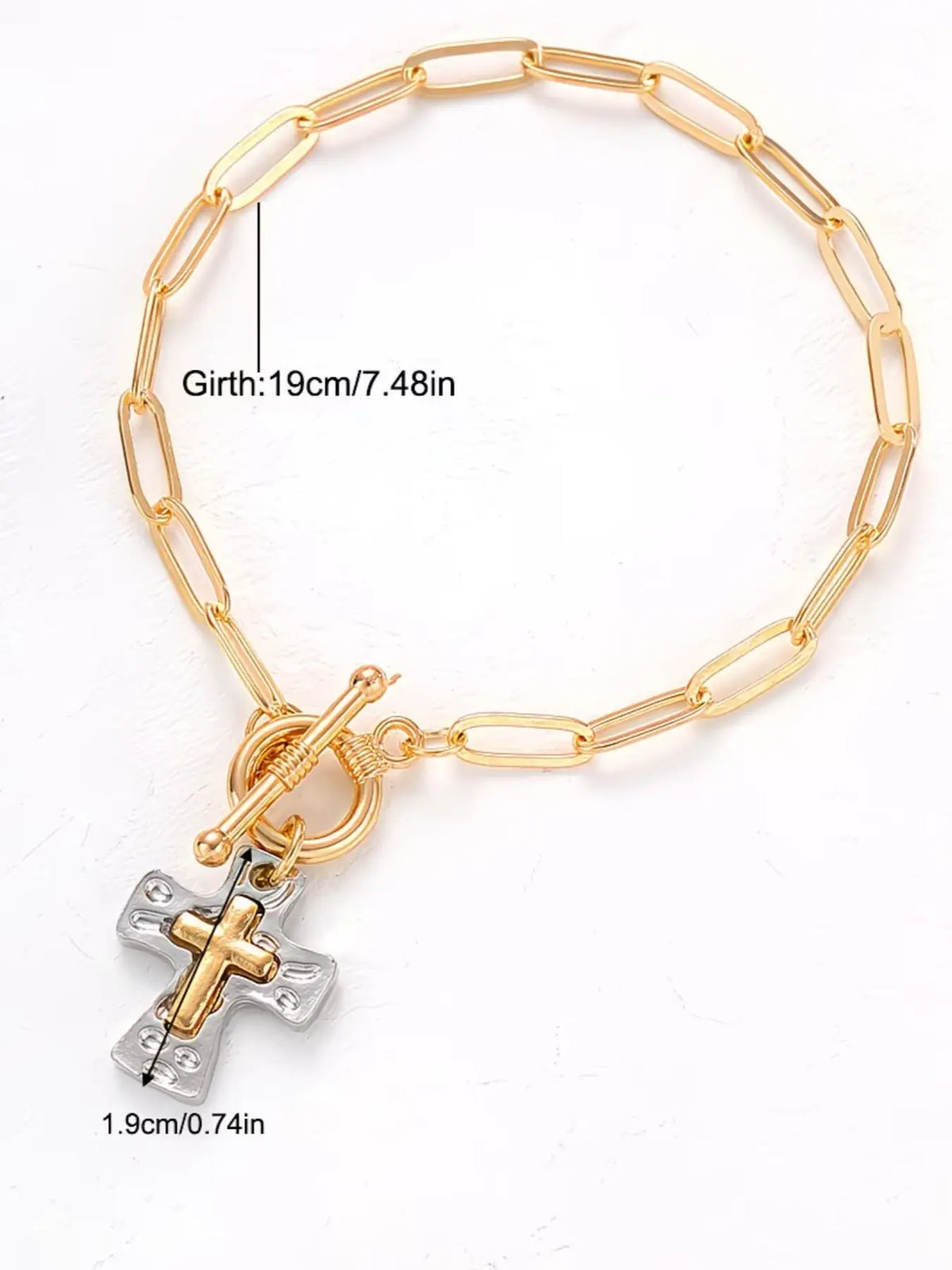 Women's Retro Cross Bracelet with Pendant, Flat Chain, OT Buckle, Two-Color Hammered Pendant, Niche Hand Jewelry, Daily Wear Accessory