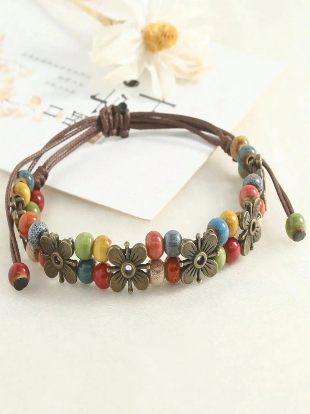 1Pc Boho Vintage Adjustable Wax Rope Bracelet, Colorful Ceramic Beads Antique Metal Flower Charms Handmade Wrist Jewelry Gift For Women Daily Matching Fashion Creative Jewelry