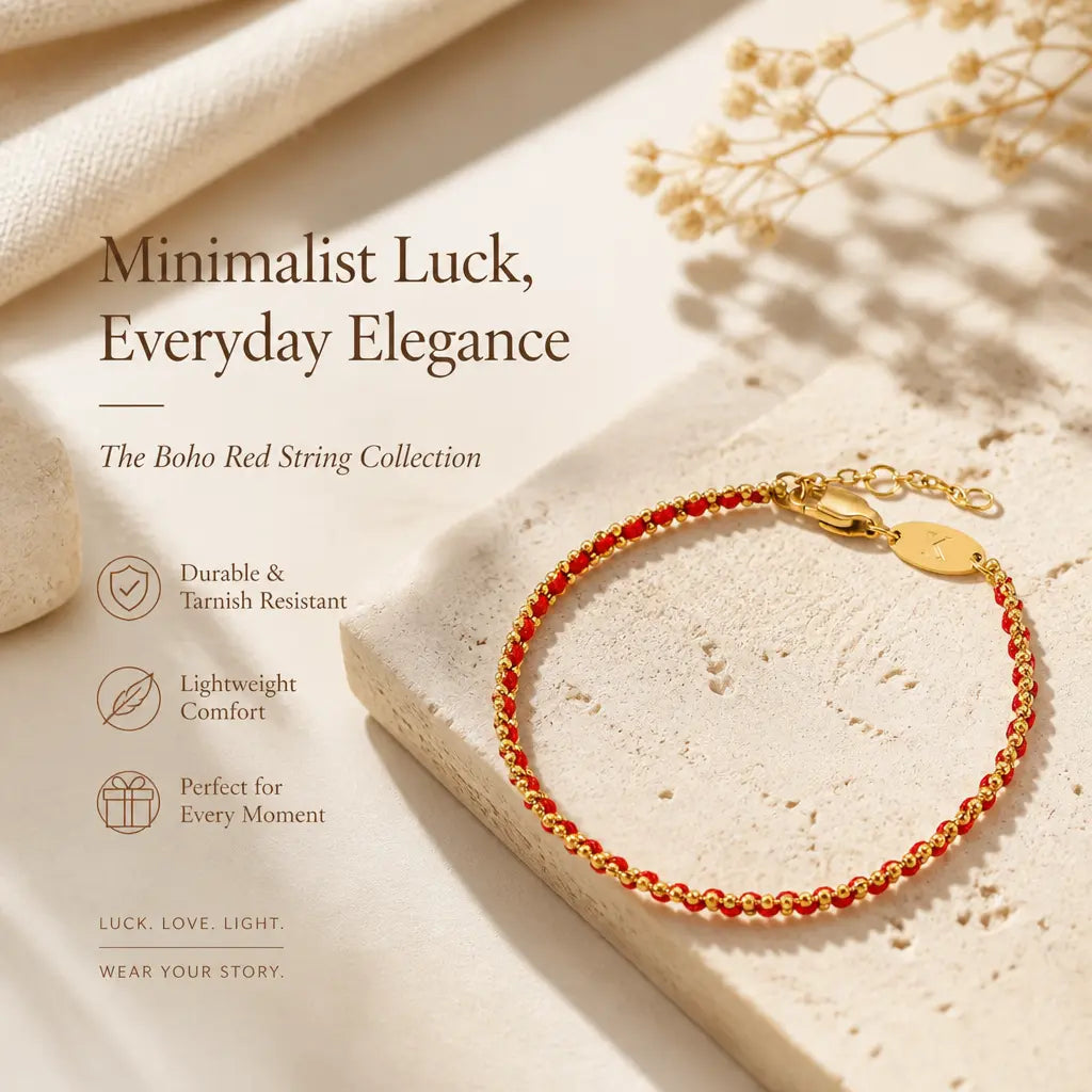 Women's Minimalist Boho Red String Bracelets - Handcrafted Woven Pattern Cord Jewelry with Gold Beads, Adjustable Length Lucky Charm, Gold Aesthetic, Everyday Wear Wrist Stack, Gift-Ready for Birthday