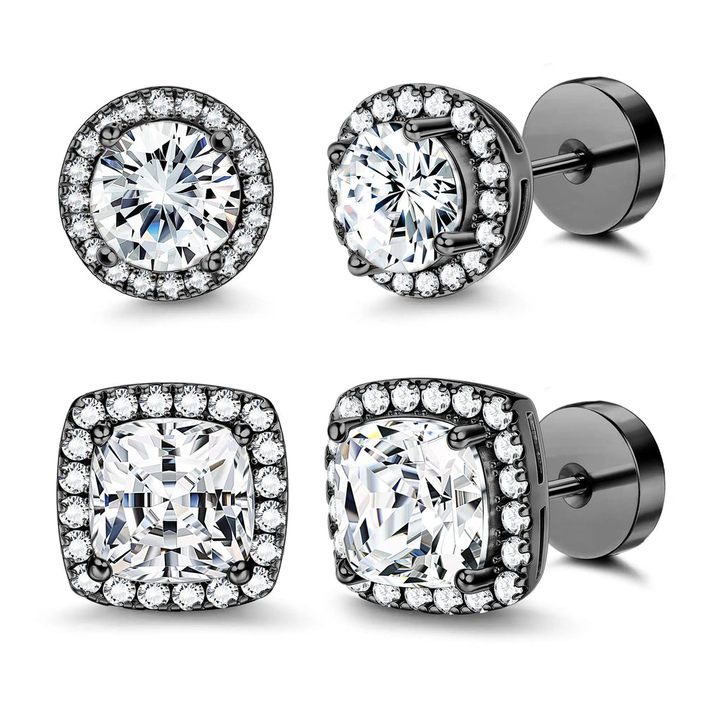 FASACCO Unisex 7mm Flat Back Cubic Zirconia Stud Earrings - Geometric Round/Square, Nickel-Free Metal, AAA+ CZ Shine, Durable Costume Jewelry, Fashion Studs, Men's Earrings for Daily Wear sohochic