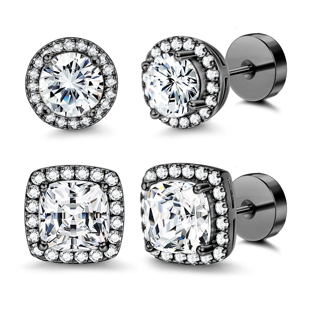 FASACCO Unisex 7mm Flat Back Cubic Zirconia Stud Earrings - Geometric Round/Square, Nickel-Free Metal, AAA+ CZ Shine, Durable Costume Jewelry, Fashion Studs, Men's Earrings for Daily Wear sohochic