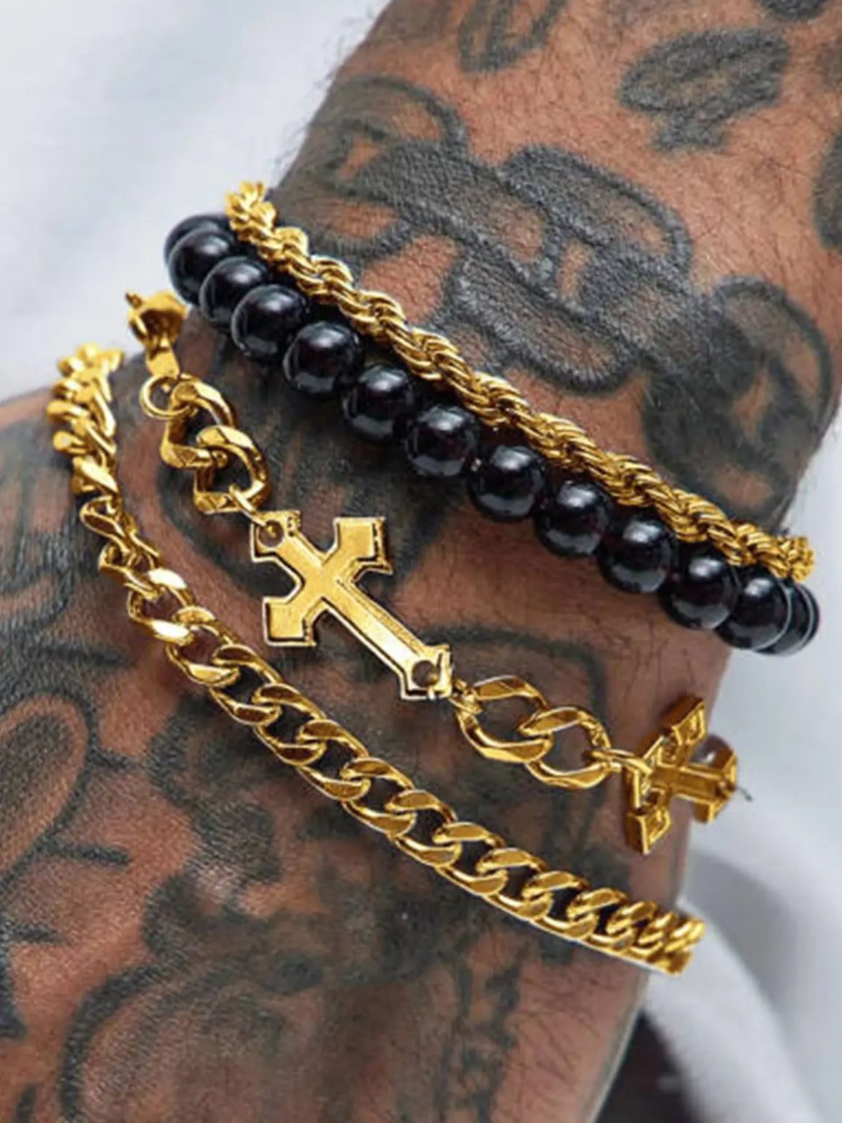 4 Piece Cross Bracelet Set, Punk Style, Silver Color Cuban Chain & Bead Chain, Unique Design, All Seasons Fashion Accessory, Chunky Link Bracelet, Bracelet Jewelry, Cuban Chain Bracelets, Bracelets Stack, Fashion Cool Accessories