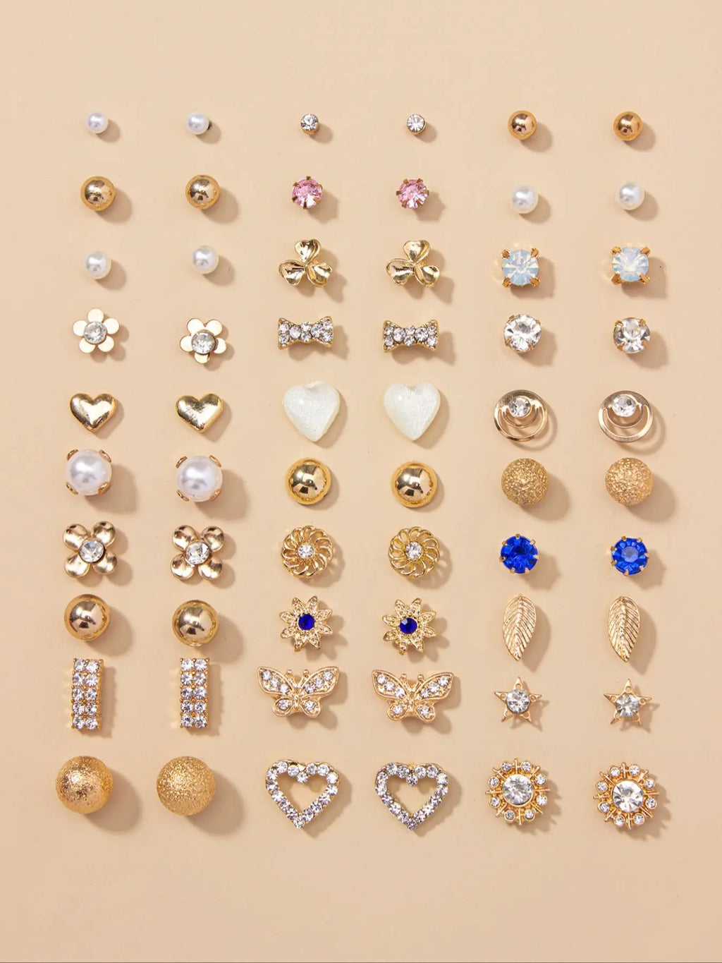 30 Pairs Fashion Elegant Rhinestone Decorated Bow Heart Leaf Design Stud Earrings, Earring Set, Daily Casual Versatile Accessories For Women & Girls, Matching Jewelry, Stud Earring Pack