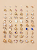 30 Pairs Fashion Elegant Rhinestone Decorated Bow Heart Leaf Design Stud Earrings, Earring Set, Daily Casual Versatile Accessories For Women & Girls, Matching Jewelry, Stud Earring Pack