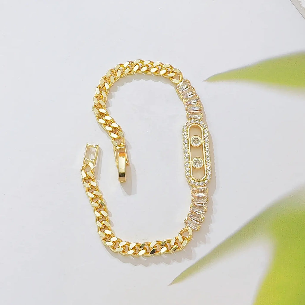 Women's Elegant Gold Plated Cuban Link Bracelet - Fashion-Forward Female Chain Jewelry Bracelets & Bangles with Sparkling CZ Sliding Charm, Baguette Cut Zircon Inlay, Metal Coating, Adjustable Dainty Costume Jewelry for Daily Wear, Gifting,sohochic