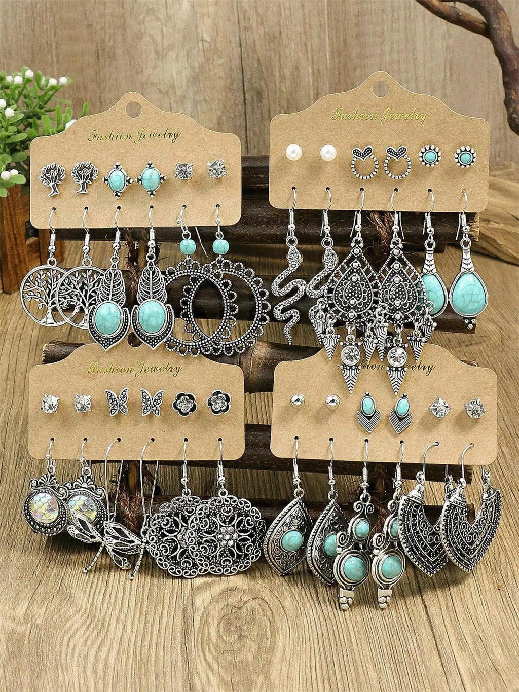 Women's Boho Turquoise-Textured Dangle and Stud Earrings Set, Retro Mixed-Design Vintage Jewelry for Parties and Daily Wear