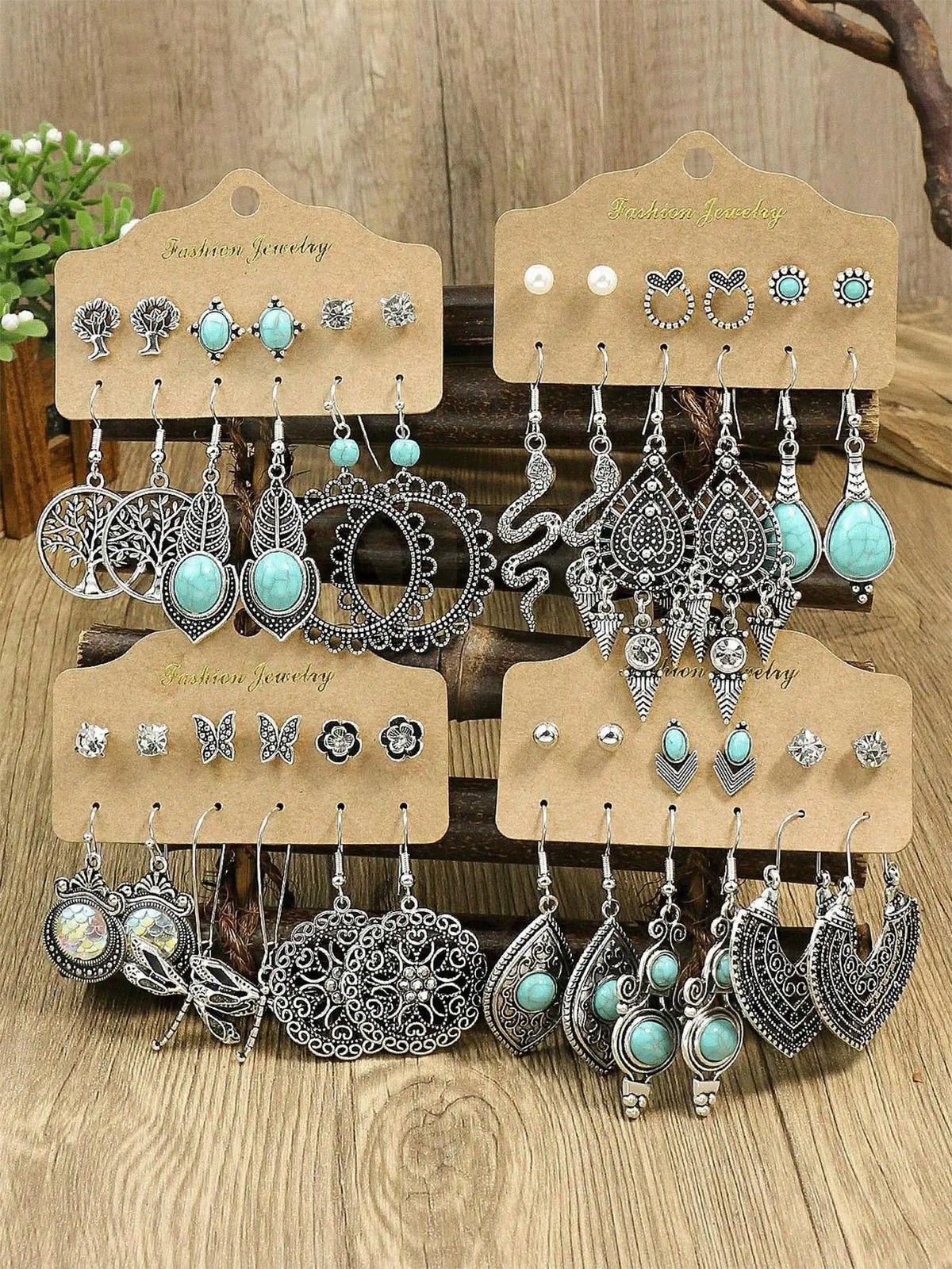 Women's Boho Turquoise-Textured Dangle and Stud Earrings Set, Retro Mixed-Design Vintage Jewelry for Parties and Daily Wear