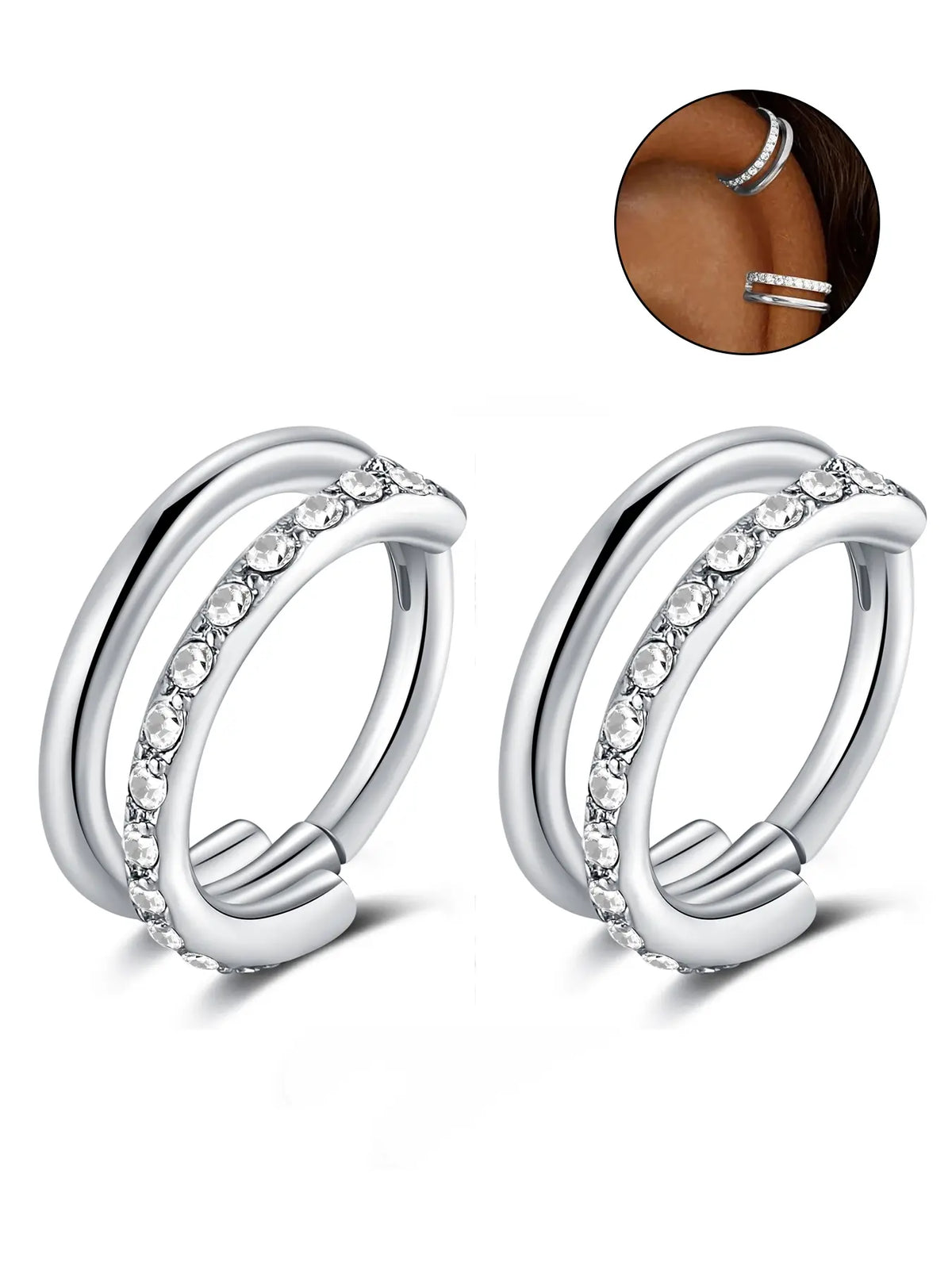 2pcs Small Cartilage Double-hoop Helix Conch Piercing Earrings with Cubic Zirconia for Women Trendy Stainless Steel Sets Piercing Jewelry 16gauge 8mm, Earring Stack Shining Earrings Sparkling Ear Jewelry