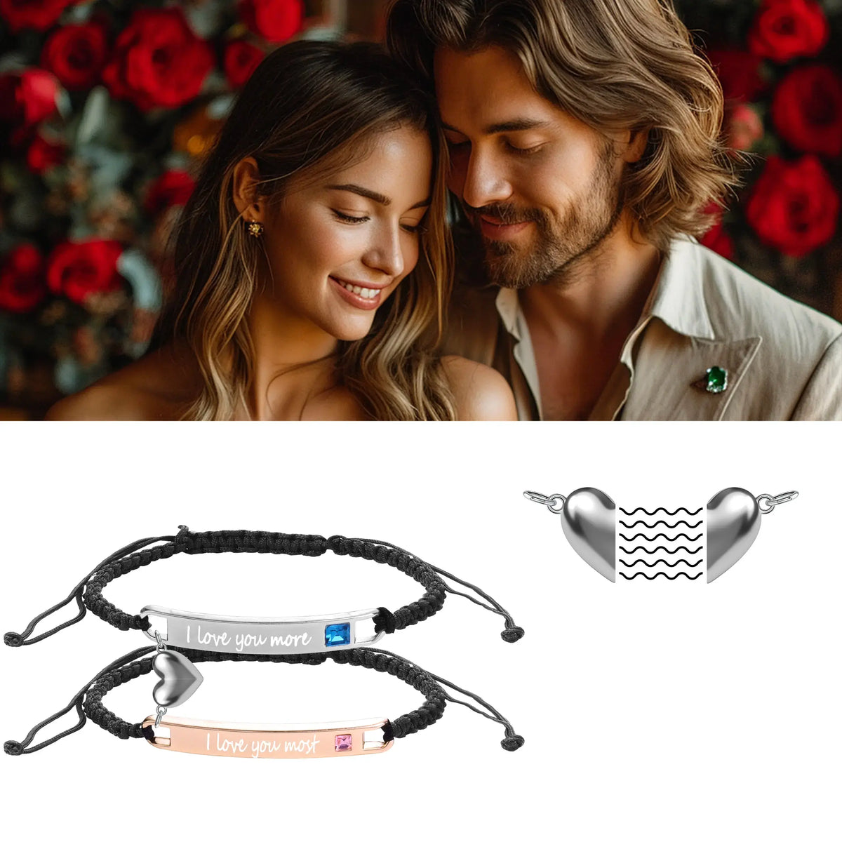 Adjustable Matching BF and GF Charm Bracelets Set with Heart Rate Monitor, Rose Gift Box, Fashion All-Match Daily Clothing Decor Jewelry, Boyfriend Birthday Gift, GF Valentine’s Day Present