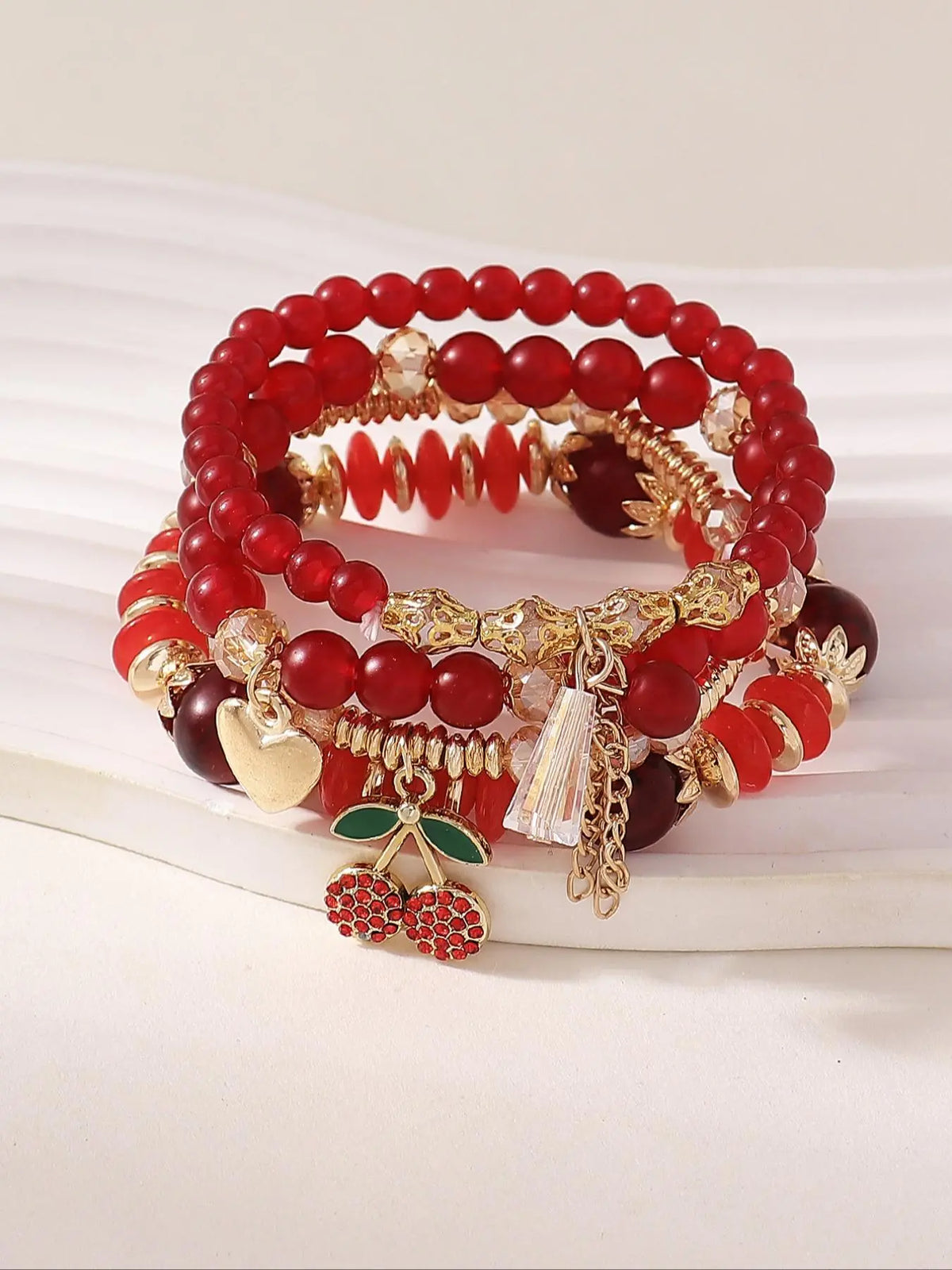 Cute Cherry & Leaf Design Beaded Heart Charm Bracelet, Boho Style Jewelry for Women & Girls, Trendy All-match & Exquisite Jewelry for Birthday Gift, Xoxo Style Bracelet, Beaded Bracelets