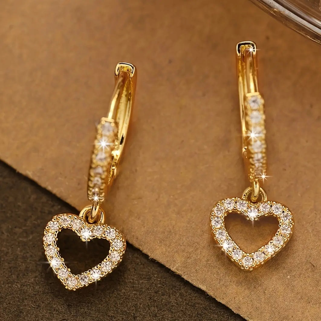 1 Pair Golden Cubic Zirconia Earrings Luxurious Women Charm Heart Drop Dangle Earrings Wedding Engagement Party Jewelry Birthday Valentine'S Day Gifts