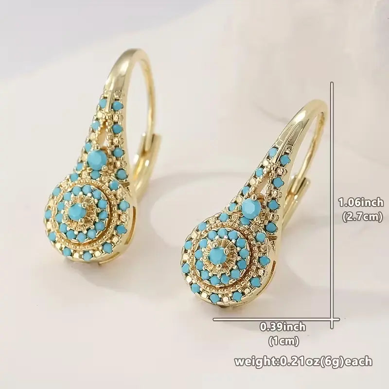 Women's KC Gold Plated Synthetic Turquoise Teardrop Dangle Earrings - Teardrop Design, Metal Coating, KC Gold Shine, Dangle Movement, Intricate Detailing, Sophisticated Female Jewelry for Everyday & Formal Events, Valentine's Gift, Valentine Gift,sohochic