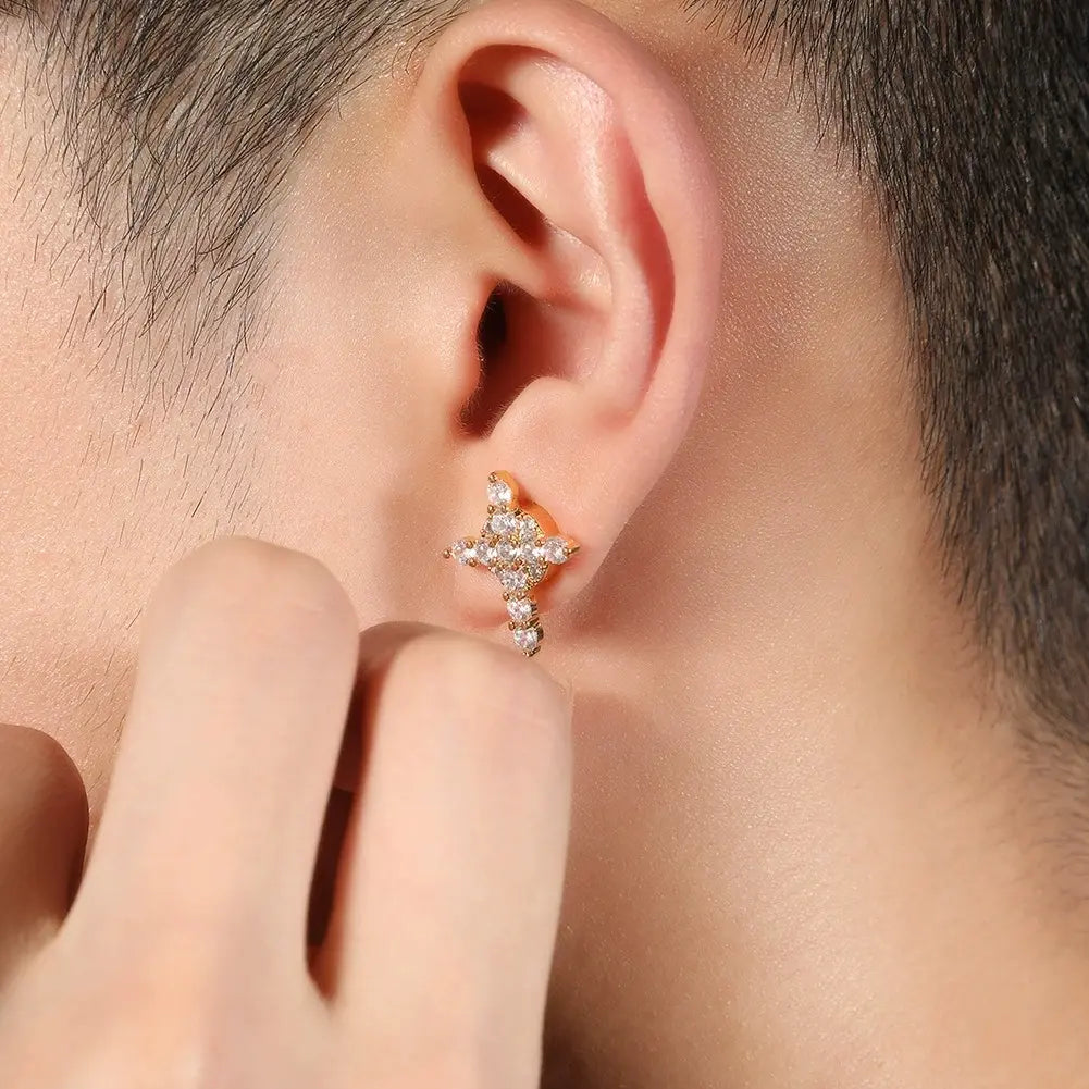 Unisex 14K Plated Snowflake & Cross Motif Magnet Earrings with Gold Zirconia - Fake Piercing Style, No Ear Piercing Required, Fashion Chic Accessories for Women, Men's Costume Jewelry Gift