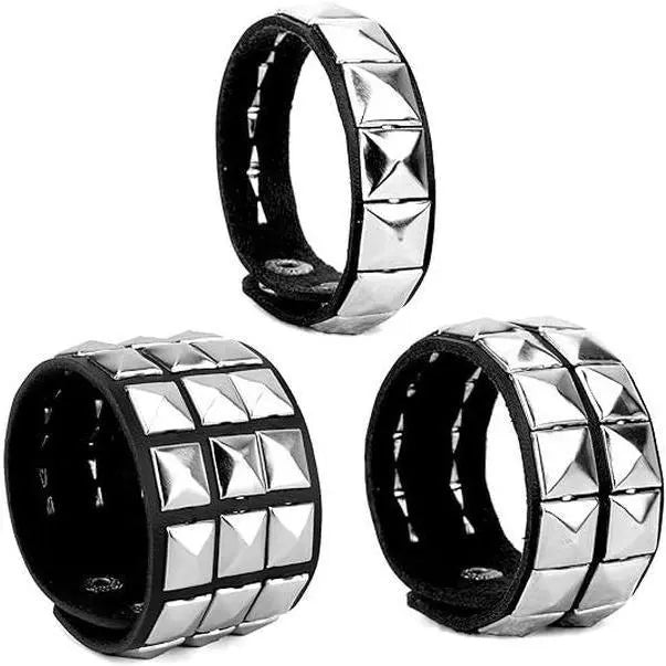 3-Pack Rivet Leather Studded Cuff Bracelets - 80s Punk Vibe Double Layered Adjustable Slider Jewelry, Bracelet Stack, Bangles, Easy Party Gift Choice for Men, Festive & Party Supplies Accessories