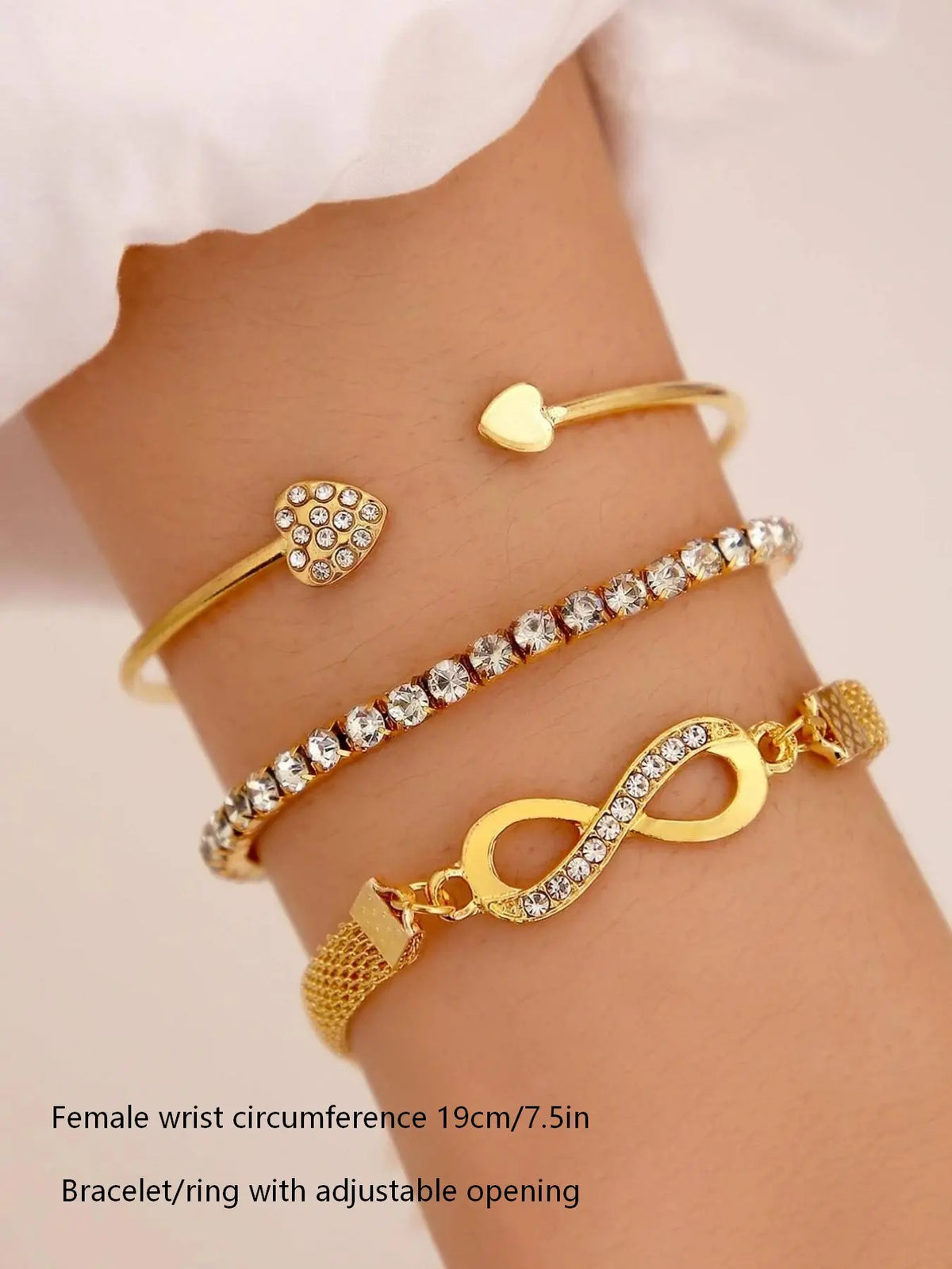 3pcs Women's Minimalist Elegant Heart Rhinestone Bangles Set, Pretty Bracelet, Bracelet Bundle, Fashion Accessories for Parties and Daily Wear, Versatile Elegant Jewelry Bracelet Set