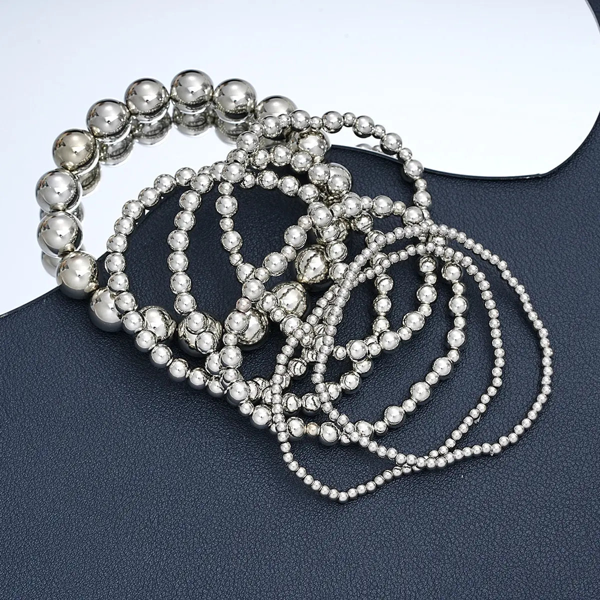 7Pcs Elegant Beaded Bracelet Set for Women Stackable CCB Silvery Beads Elastic Bangle Multi-layer Bohemian Mixed Sizes Vintage Round Bead Bracelet Set