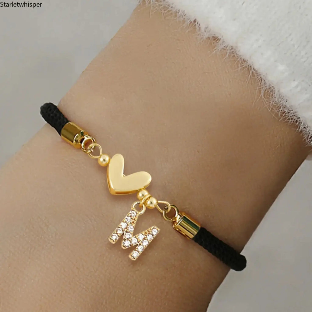 Retro Adjustable Rope Bracelet, Heart Initial Letter Charm Wrist Jewelry, All-match Fashion Accessory for Women Daily Wear