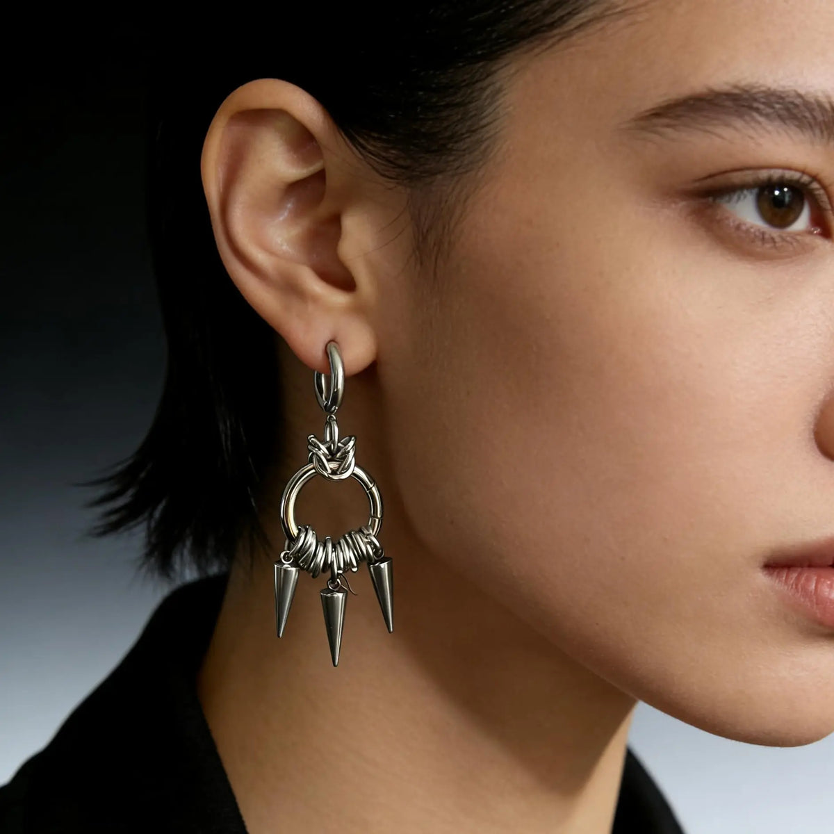 Oufer 2Pcs Linked Chain Grunge Punk Spike Dangle Hoop Earrings - Stainless Steel Chunky Jewelry, Whimsical Accessories, Classic Versatile Casual Wear Pieces, Grunge Punk Edge for Bold Outfits