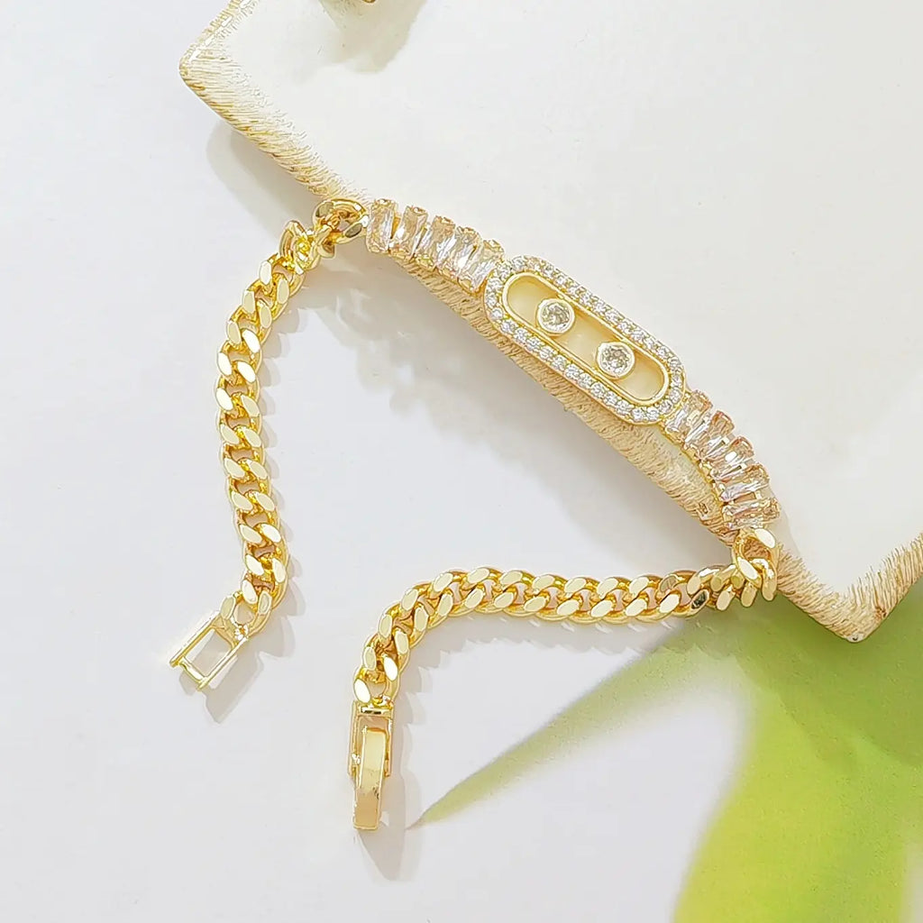 Women's Elegant Gold Plated Cuban Link Bracelet - Fashion-Forward Female Chain Jewelry Bracelets & Bangles with Sparkling CZ Sliding Charm, Baguette Cut Zircon Inlay, Metal Coating, Adjustable Dainty Costume Jewelry for Daily Wear, Gifting,sohochic