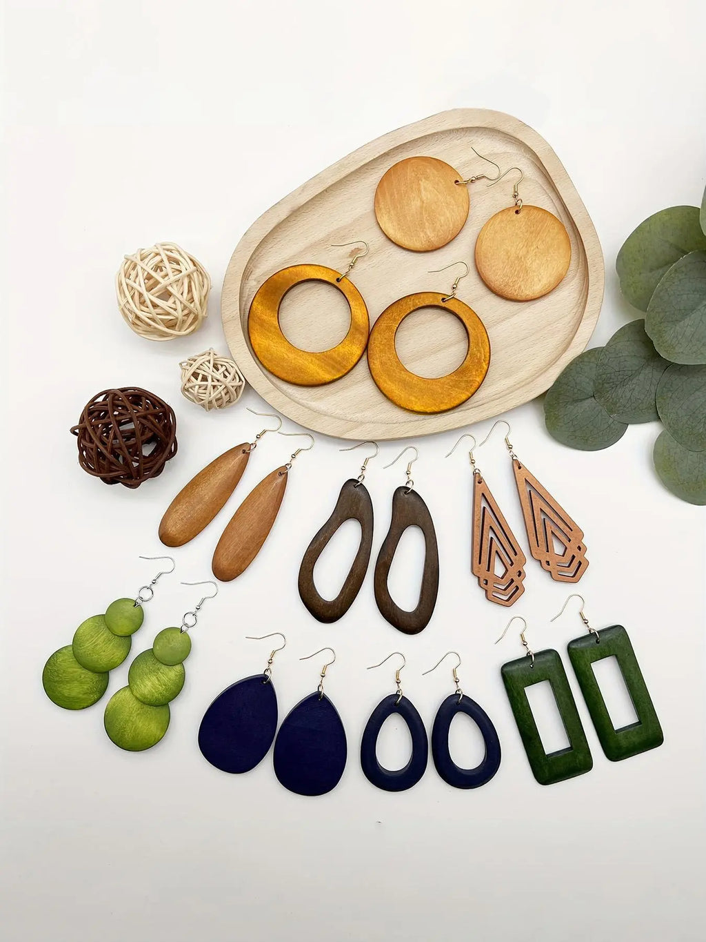 Women's Geometric Wood Earrings, Teardrop/Round/Rectangle Shapes, Boho Style Jewelry, Bohemian Earrings, Vintage Fashion Statement Earrings, Versatile Earrings for Daily Wear, Gift Idea