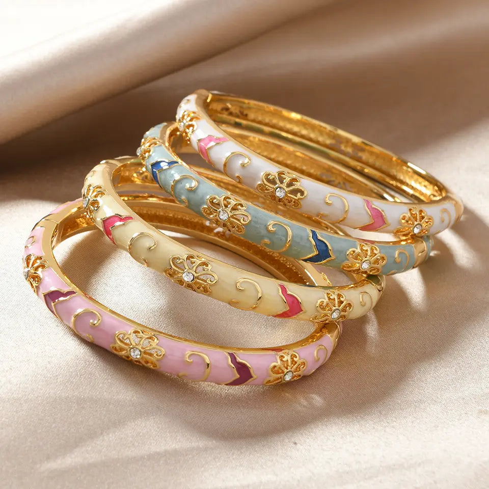 Women's Vintage Floral Enamel Bangle - Gold-Tone Cubic Zirconia Bracelet with Bling Effect, Gold Aesthetic Wrist Stack Accessory, Vintage Things for Party & Daily Wear, Ideal Women's Gift,sohochic