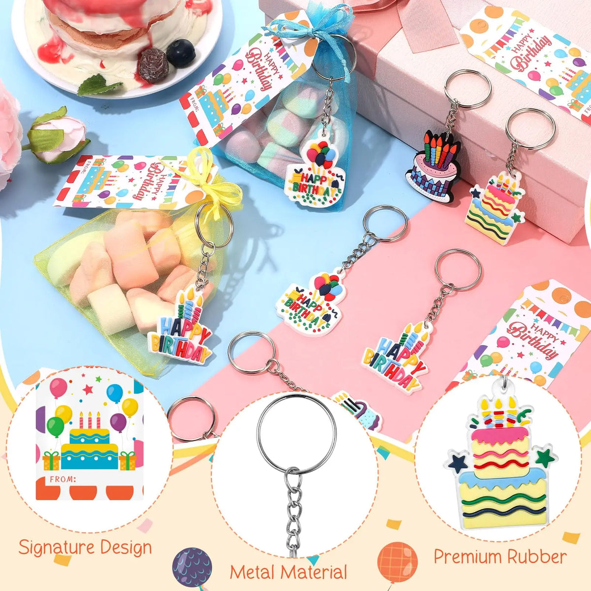 Gejoy 24 Set Packing-Free Birthday Gift Bags Sets Classroom Birthday Party Favors for Students Bulk Birthday Gifts for Whole Class Keychain Gift Set with Tags Organza Bags 4th of July Gifts Idea Classroom Reward Gifts Idea School Party Goodie Bag Stuffers