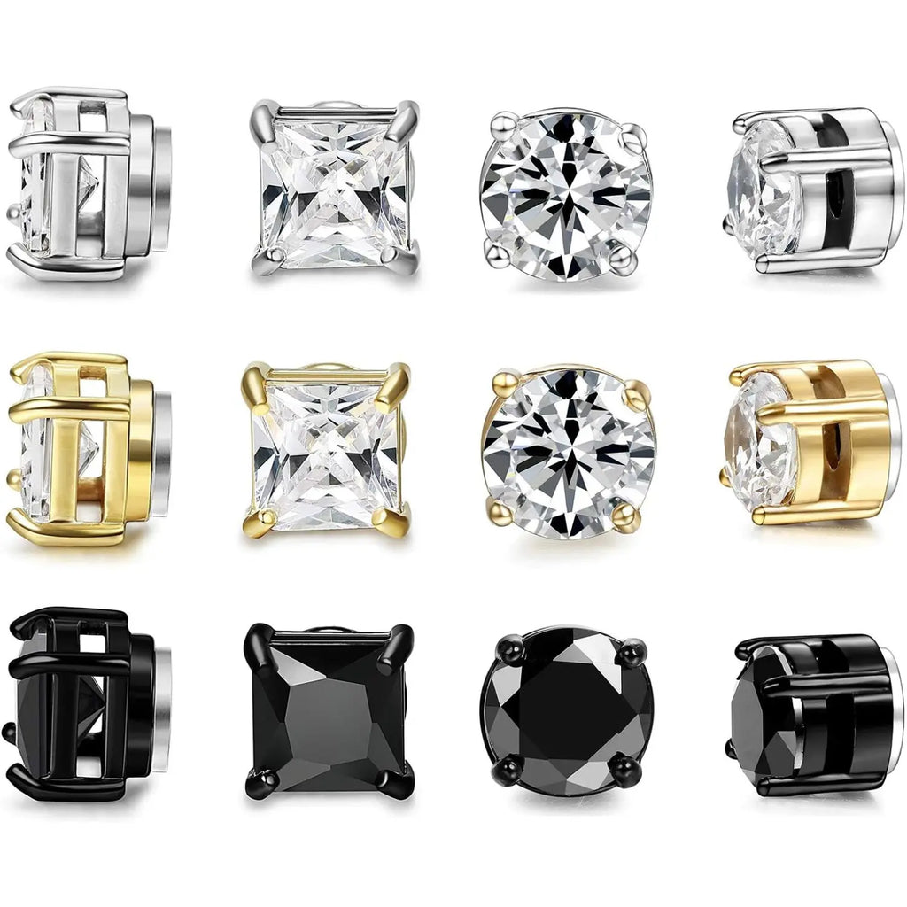 FIBO STEEL 6 Pairs Magnetic Stud Earrings for Men Women Stainless Steel CZ Unisex Magnet Earrings Set Hypoallergenic Non Piercing Clip On Earrings Fake Earrings Jewelry Silver Gold Black 5 8MM Spring Statements