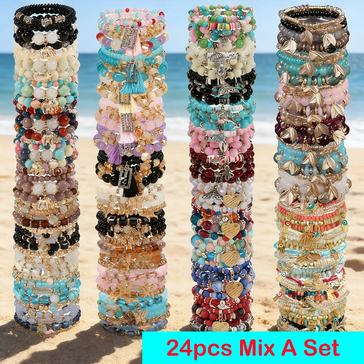 Women's Boho Charm Bracelets Set - 12/24/36pcs Mixed Color Glass Beads, Heart/Butterfly/Elephant Alloy Charms, Wrist Stack, All-Season Versatile, Accessories for Women, Valentine-day Pick, Gift-ready Set, Heart+Elephant Fun,sohochic