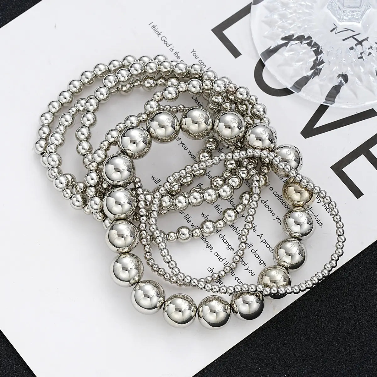 7Pcs Elegant Beaded Bracelet Set for Women Stackable CCB Silvery Beads Elastic Bangle Multi-layer Bohemian Mixed Sizes Vintage Round Bead Bracelet Set