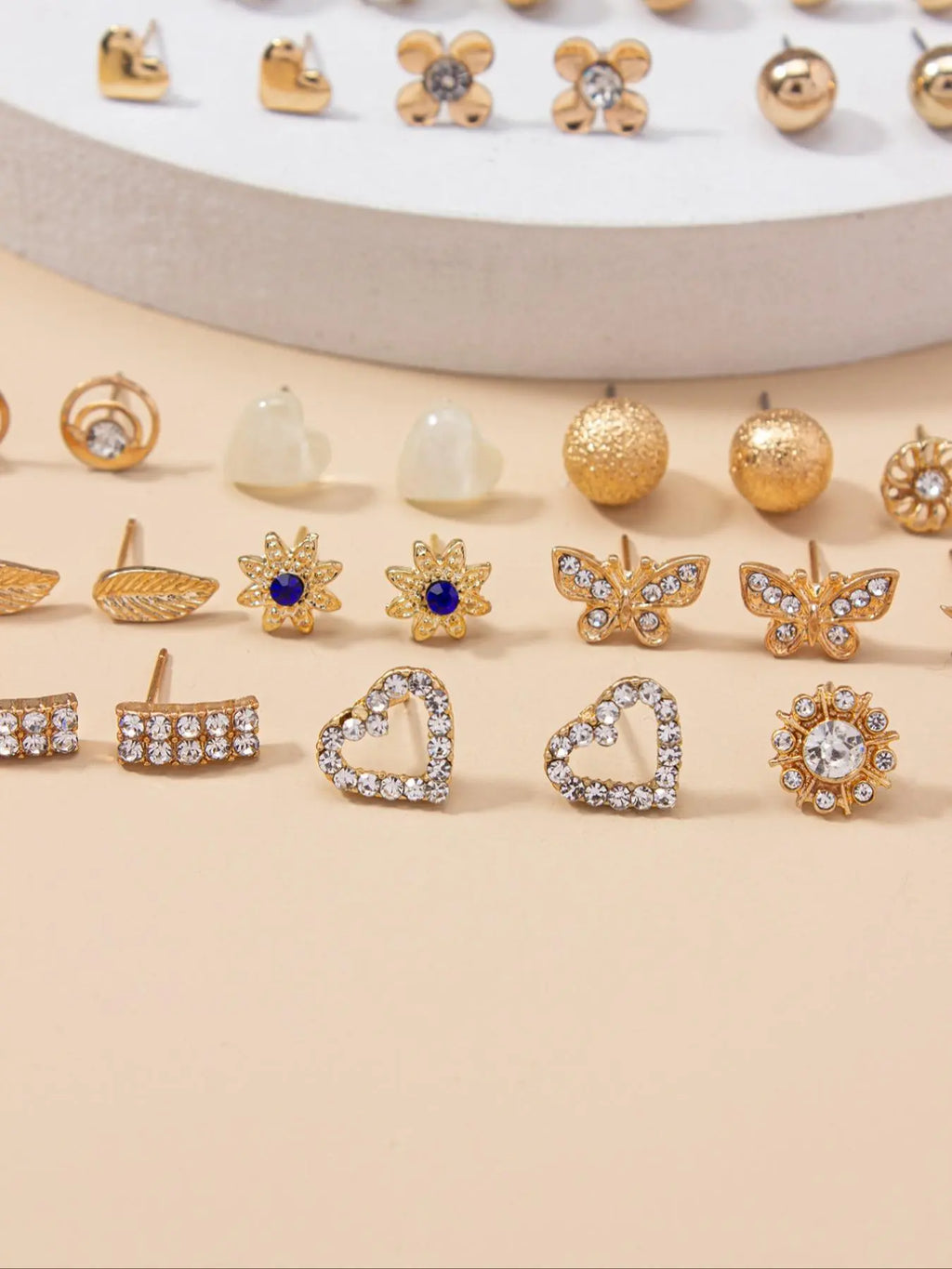 30 Pairs Fashion Elegant Rhinestone Decorated Bow Heart Leaf Design Stud Earrings, Earring Set, Daily Casual Versatile Accessories For Women & Girls, Matching Jewelry, Stud Earring Pack
