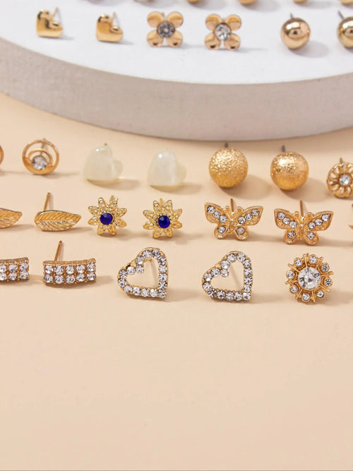 30 Pairs Fashion Elegant Rhinestone Decorated Bow Heart Leaf Design Stud Earrings, Earring Set, Daily Casual Versatile Accessories For Women & Girls, Matching Jewelry, Stud Earring Pack